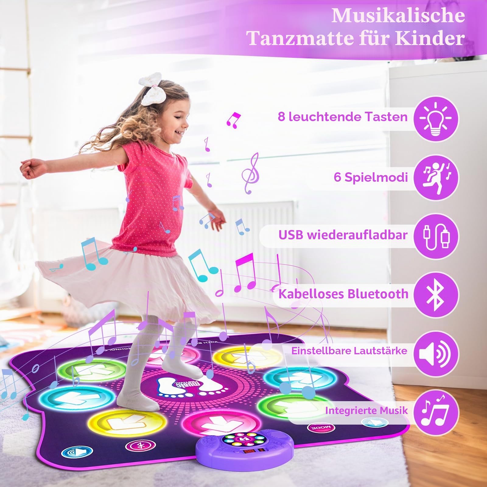 LEAPRCSTORE Leuchtende Tanzmatte für Mädchen, wiederaufladbare Tanzunterlage Spielzeug Geschenke für 3 4 5 6 7 8 9 10+ Jahre alte Kinder, Musiktanz-Spielmatte mit 6 Spielmodi