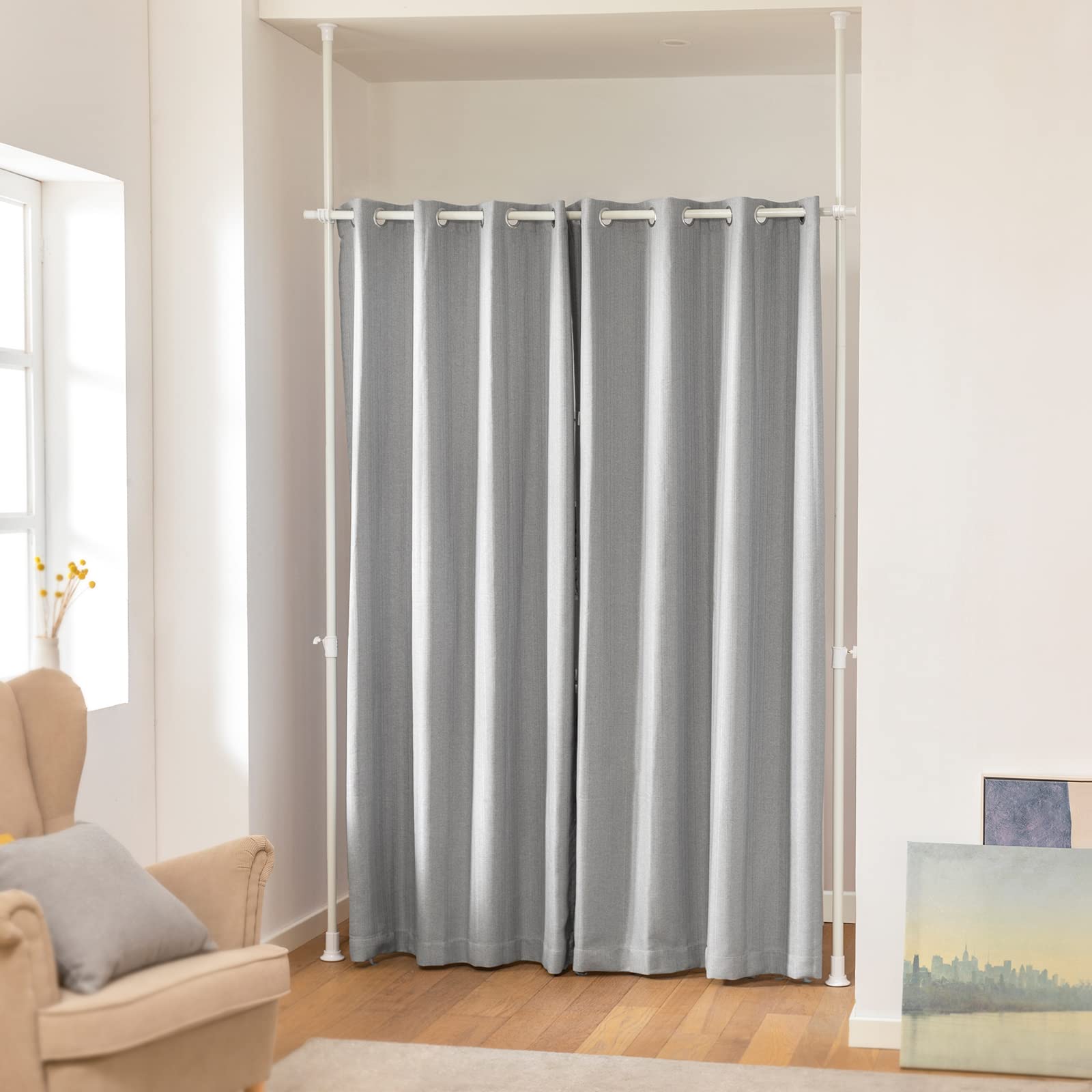 SoBuy Divisorio regolabile con tende oscuranti | Separatore ambienti con aste metalliche per camera e soggiorno, grigio chiaro KLS12-HG