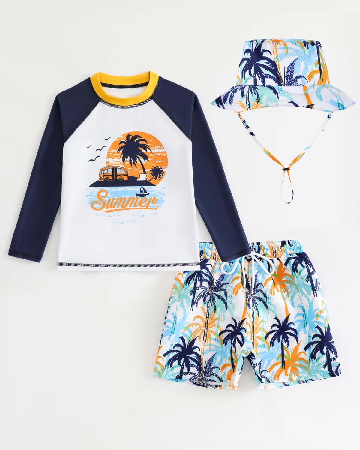 FishingDino UV Kleidung Kinder Gr.74-110, Jungen Schwimmset 3-teiliger mit Langarm Schwimmshirt & Badeshorts UV Schutzkleidung Baby inkl. Sonnenhut