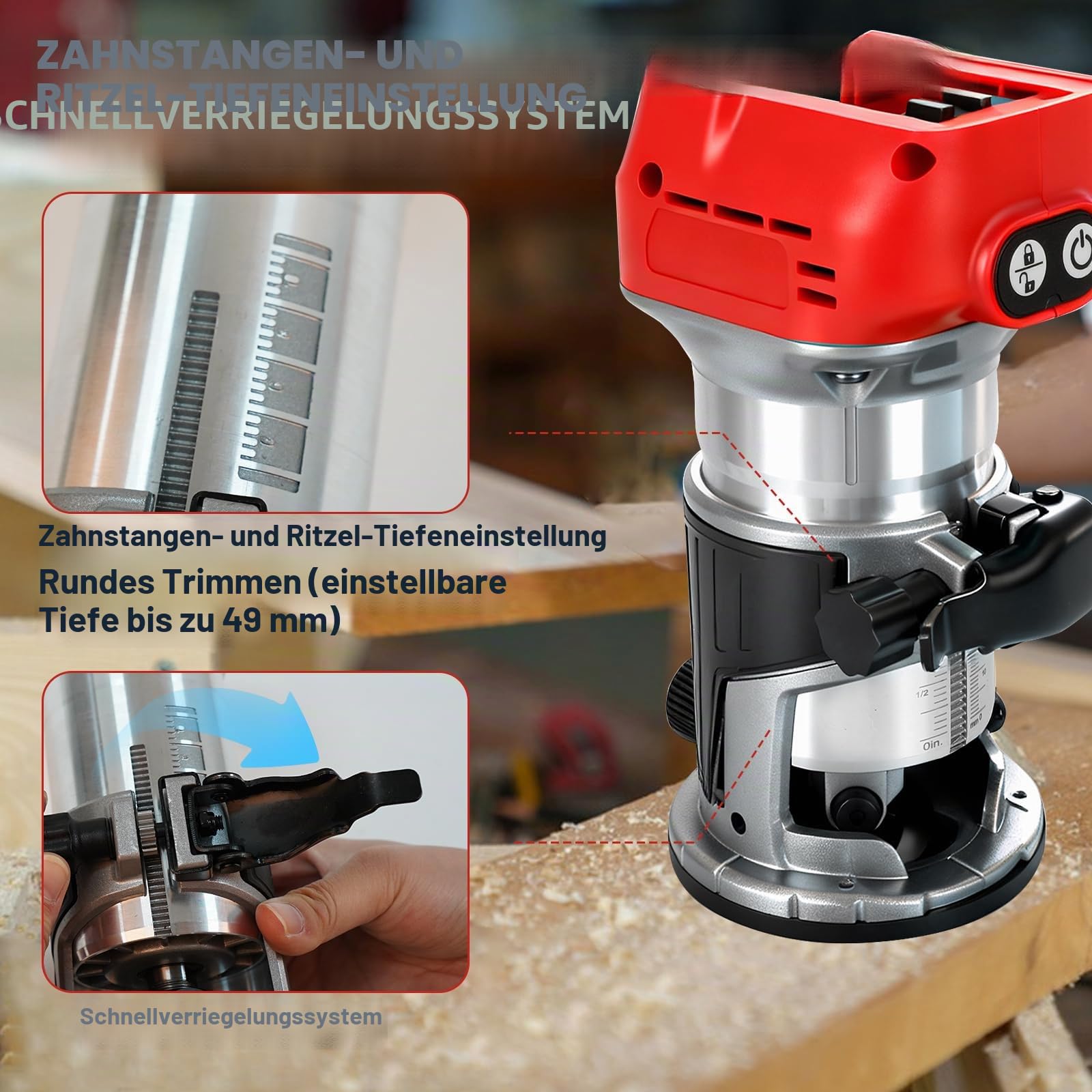 Akku Oberfräse kompatibel mit Milwaukee M18 18V Akku, 30000U/min Bürstenloser Oberfräse Trimmer Akku-Holzfräser mit 6 Geschwindigkeiten, 800W Akku-Kantenfräse Einhandfräse mit 15 Stück 1/4" Fräsern