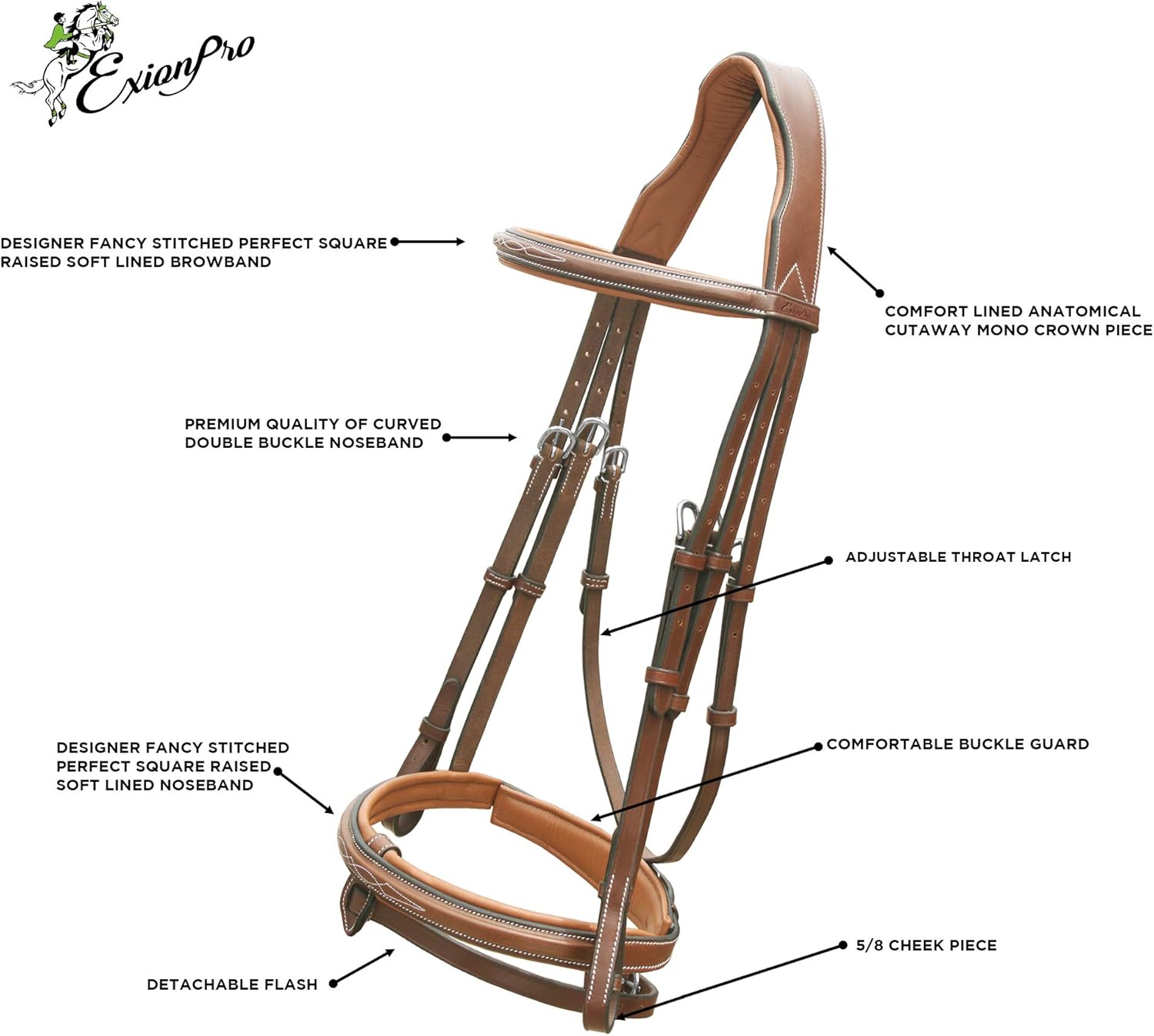 Exion Anatomical Snaffle Jumping Bridle for Horses with Removable Flash Noseband & Rubber Reins – Premium Vegetable-Tanned Leather, Brass Buckles, Padded MonoCrown, Designer Stitching