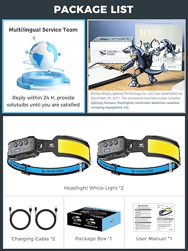 Miniatura 7 de Smiling Shark Faro delantero, 2 Pack de lámparas de cabeza LED recargable 6 modos 7* luces blancas 270  de ancho de iluminación sensor de movimiento