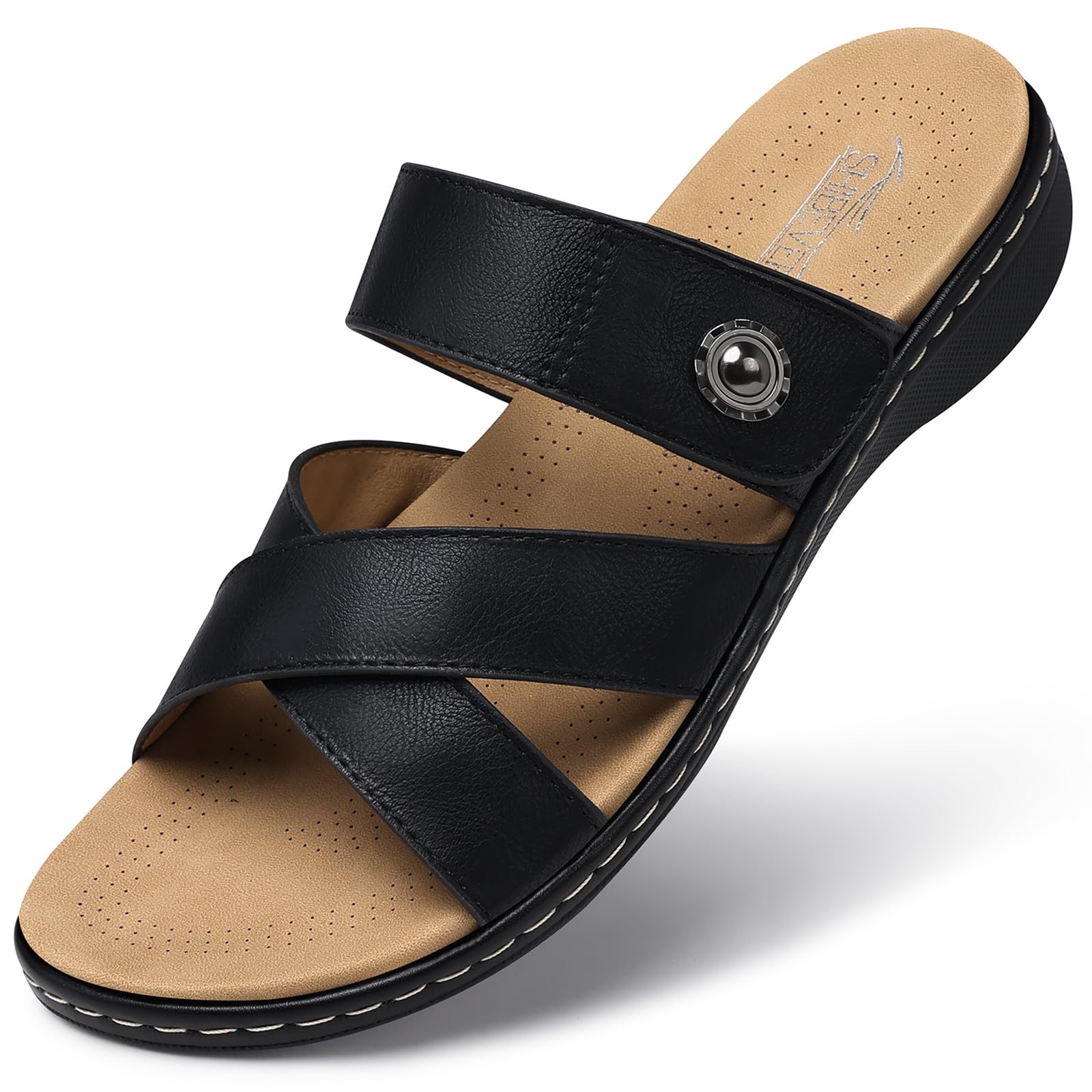 SHIBEVER Women Slides Summer Sandals: Arch Support, Comfort Walking, Adjustable Strap, Open Toe Flat Sandals Size 5-11