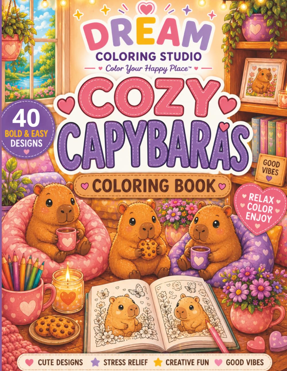 Cozy Capybaras Coloring Book: 40 Bold & Easy Coloring Pages for Relaxation, Stress Relief, and Cozy Creative Fun