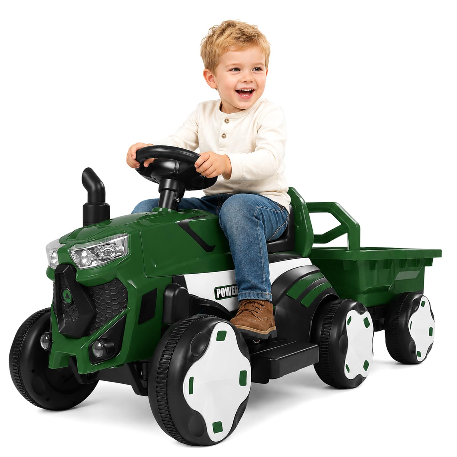 Trattore per Bambini Elettrico 2 in 1 con Rimorchio, LED, Musica, Ruote Antiscivolo, Portata 50 kg