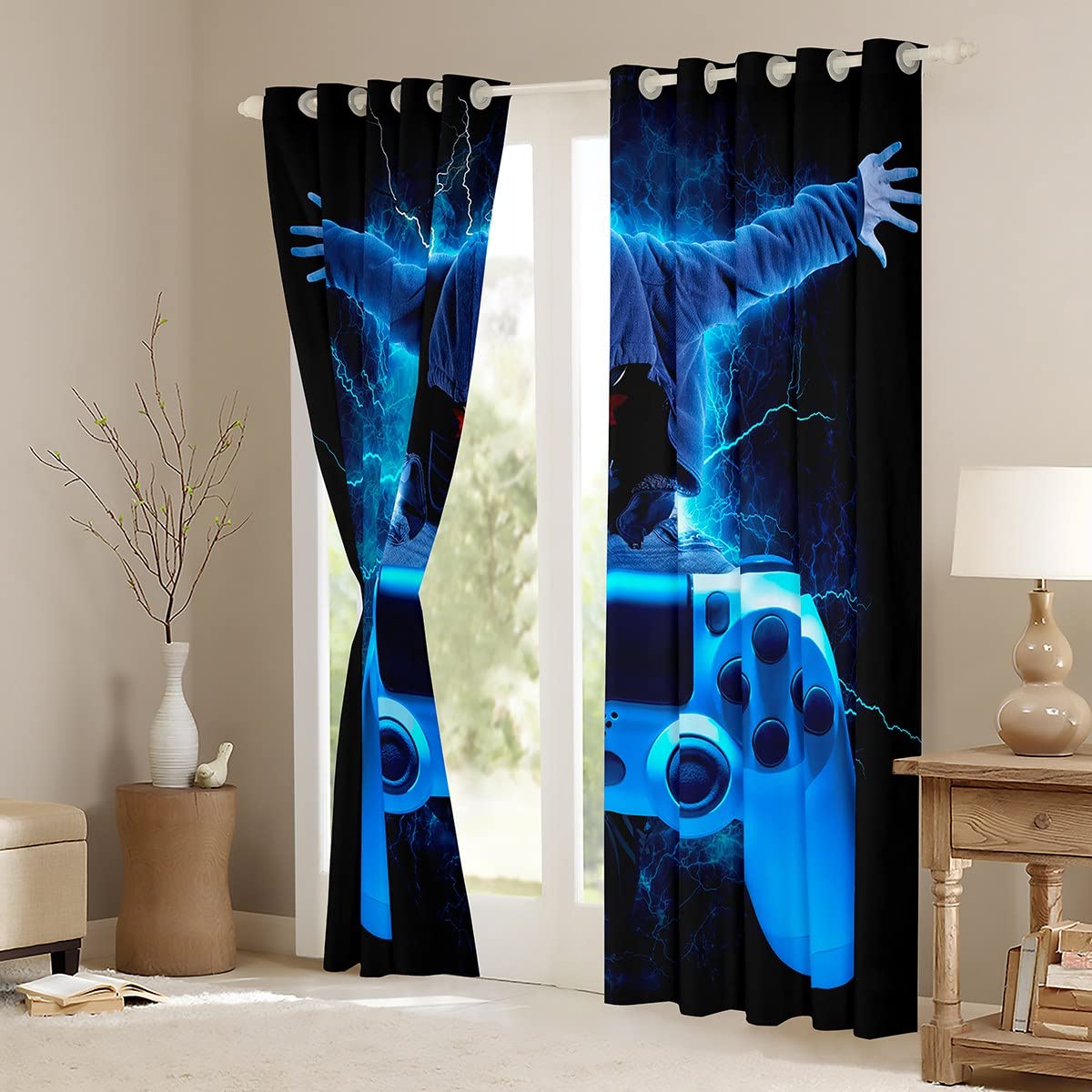 Tbrand Jungen Modern Gamer Blickdichte Vorhänge Blau Gamepad Fenstervorhang 175x140cm für Kinder Mädchen Spiel Controller Vorhänge Games Console Lightning Raumdekoration