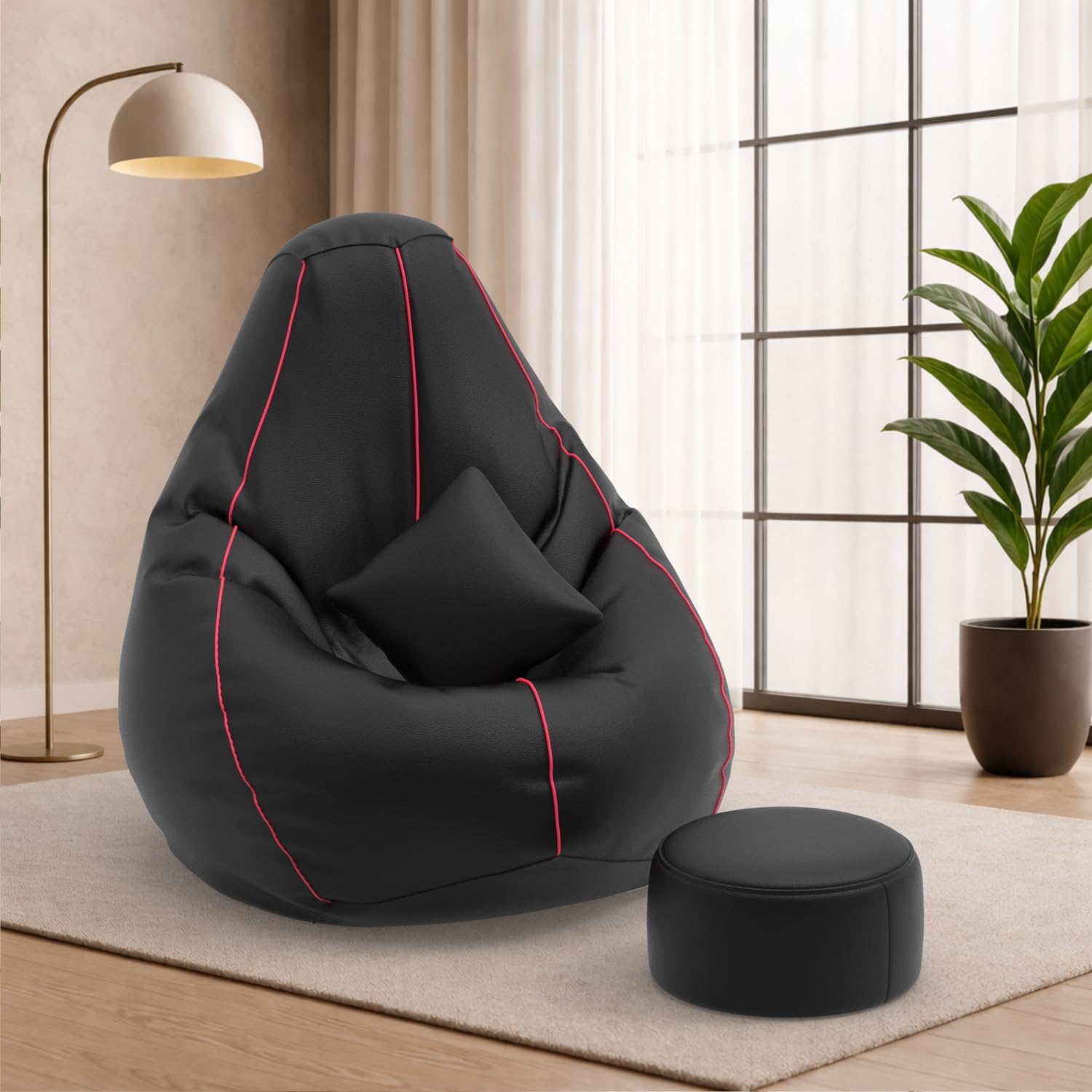 Biggie Bean Bag Chair 6XL with Beans Filled-3D Zen Piping- Bean Bag with 3D Piping-Crafted for Comfort-Styled for Elegance with Free Cushion & Footrest (Matching Color : Piping, Black Pink)