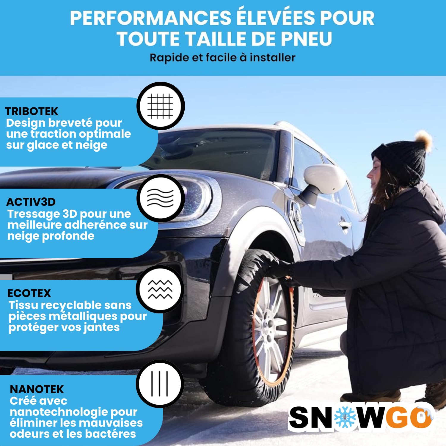 SNOWGO - Jeu de 2 Chaussettes à Neige Textile - Taille XS à XXL - Homologué 16662-1 Europe - Compatibles véhicules 4x4, Électriques, camionnettes et véhicules Utilitaires <3,5T. (XL)