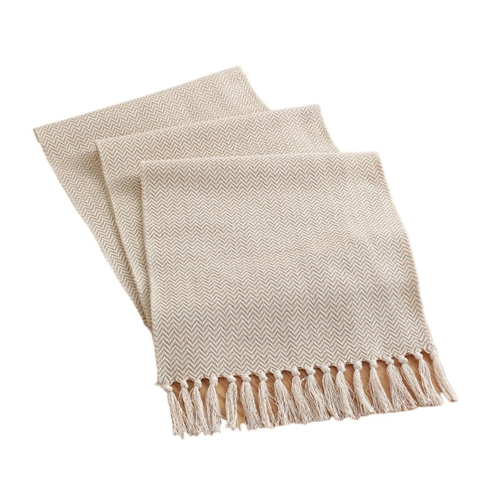 Woven Table Runner Tablecloths Cotton Linen Handmade Tassel Cloth For Home Decoration TV Cabinet Coffee Flag For Home Party Decor(Beige3,34*240cm)