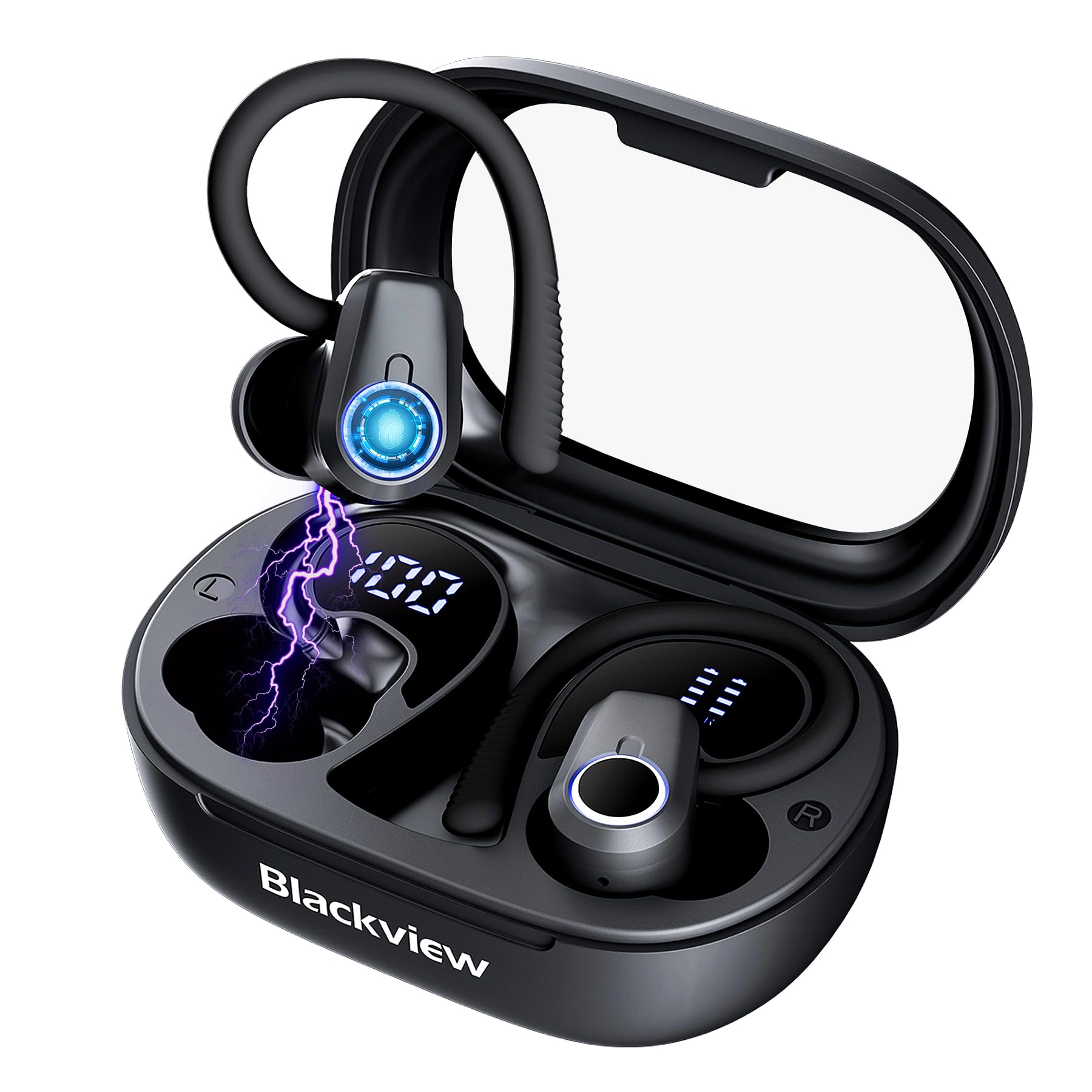 Blackview Wireless Earbuds Bluetooth Headphones,50hrs Playtime Charging Case Digital Display Sports Ear Buds with Earhook Deep Bass,IPX7 Waterproof,Over-Ear Earphones for iOS Android Black
