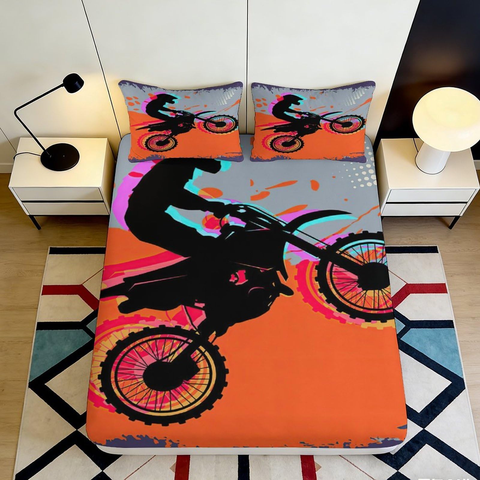 3D Printed Motocross Orange Fitted Sheet Microfiber Bedroom Decor Extreme Rider Bed Cover for Home Guest Room 90x200x25cm