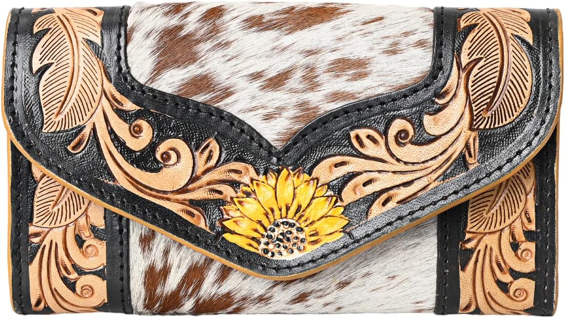Merbaa Women's Western Leather Rustic Rose Boohoo Buckaroo Trifold Handmade Hand Wallet - Stylish and Functional Cowhide Clutch