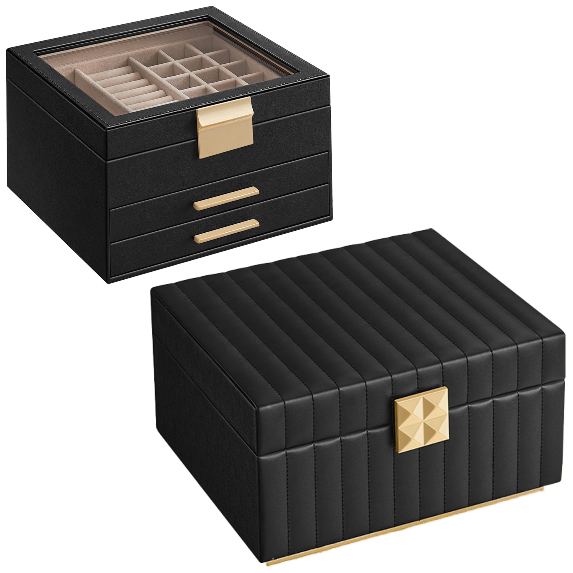 SONGMICS 3-Tier Jewelry Organizer with Glass Lid and 2-Tier Jewelry Box Bundle, with Drawers, Mirror, PU Surface with Stitching, Gift Idea, Graphite Black and Ink Black UJBC239B03 and UJBC18