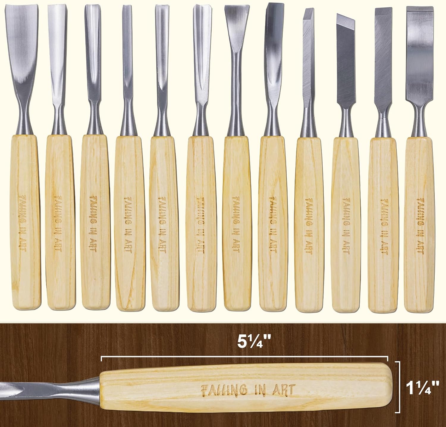 Falling in Art 12Pcs Wooden Carving Chisel Set, Long Handle Woodworking Tools Set with a Leather Pouch, Full Size Knife Gouge Kit for Carving Projects, Ideal for Beginners and Professionals