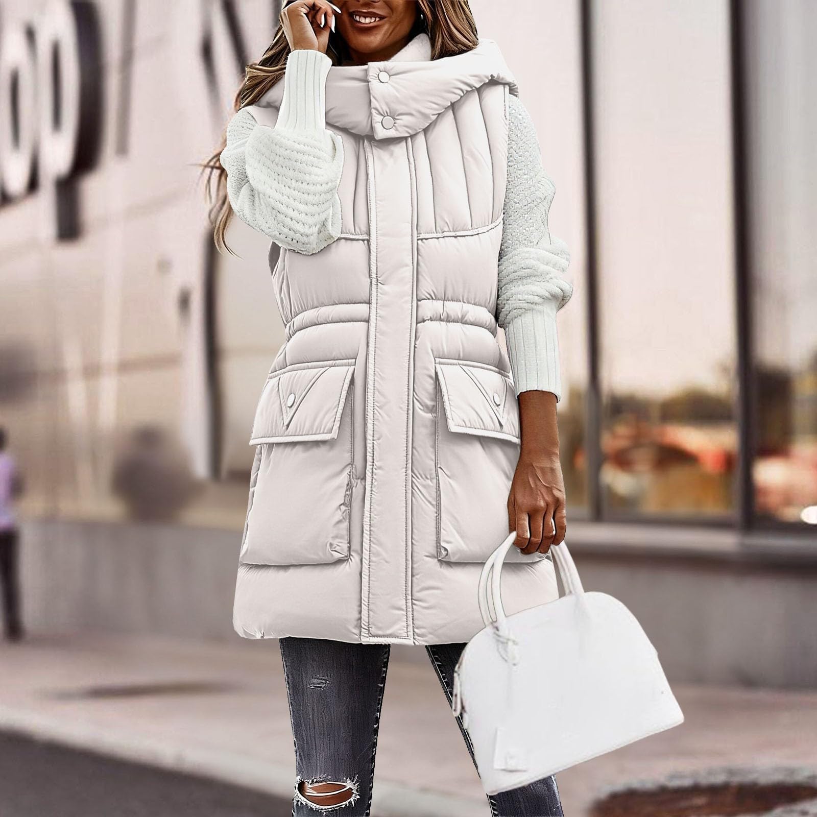 acolchado largo con cordón en la cintura, chaqueta sin mangas con capucha para calidez y estilo en invierno.