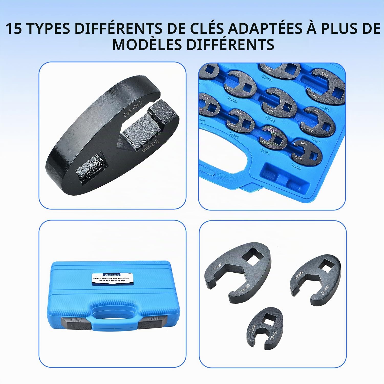 Ensemble de Clés à Pied de Biche (Crowfoot) 8-24 mm Kit de Douilles Ouvertes en Cr-Mo, pour Espaces Restreints, Auto et Moto, 3/8" et 1/2"