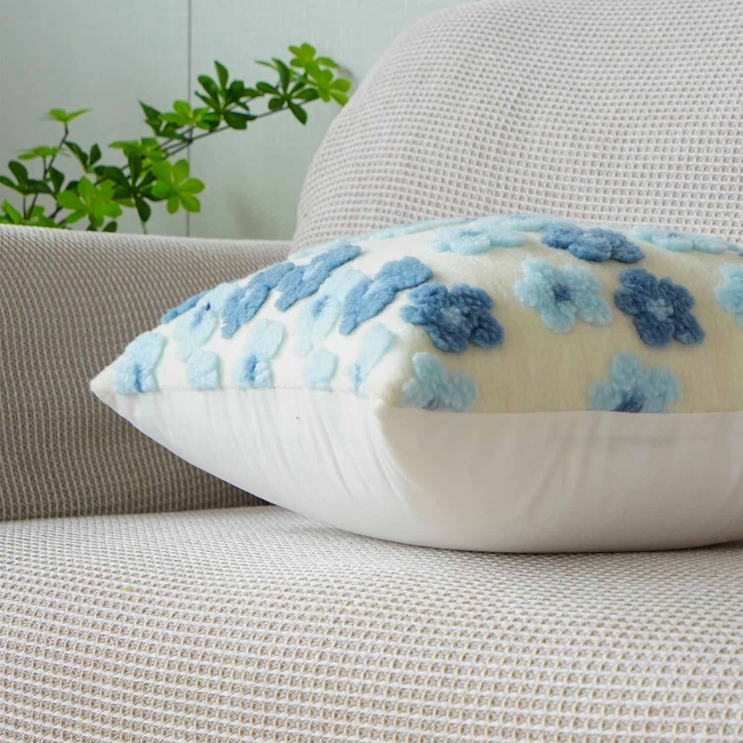 Soft Decorative Throw Pillow Covers 18x18 Cute Faux Fur Plush Pillow Covers Square Jacquard Pillowcase Cushion for Sofa Bedroom Living Room Christmas Plum Blossom Blue - Image 4