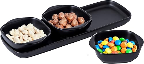 Bruntmor Juego de 4 cuencos de porcelana cuadrados con asas con bandeja en negro, chips de porcelana y cuencos de inmersión, juego de platos