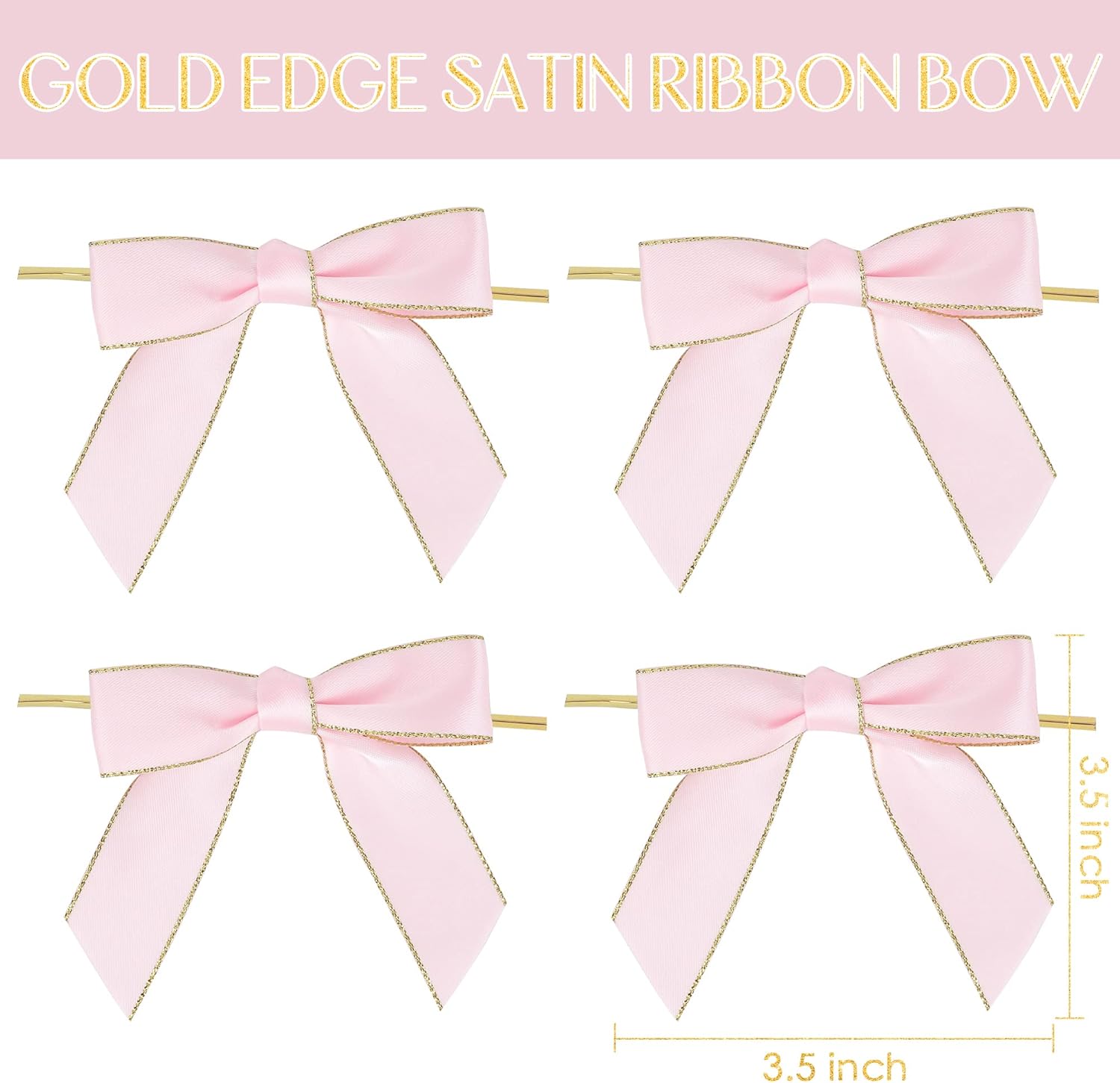 AIMUDI Pink Bows 3.5" Premade Satin Ribbon Bows with Gold Edge Pre-Tied Twist Tie Bows for Gift Wrapping Crafts Treat Bags Baby Shower Wedding Party Decorations, 50 Counts - Image 4