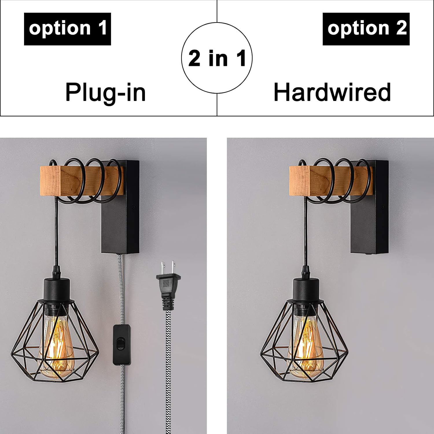 Modern Plug in Wire Wood Cage Wall Lamp Industrial Rustic Lift Pipe - Retro Pendant Lamp Adjustable Hanging Wall Mount Lights Fixture - Wall Sconces Decoration for Indoor Living Room Bedroom (Black)