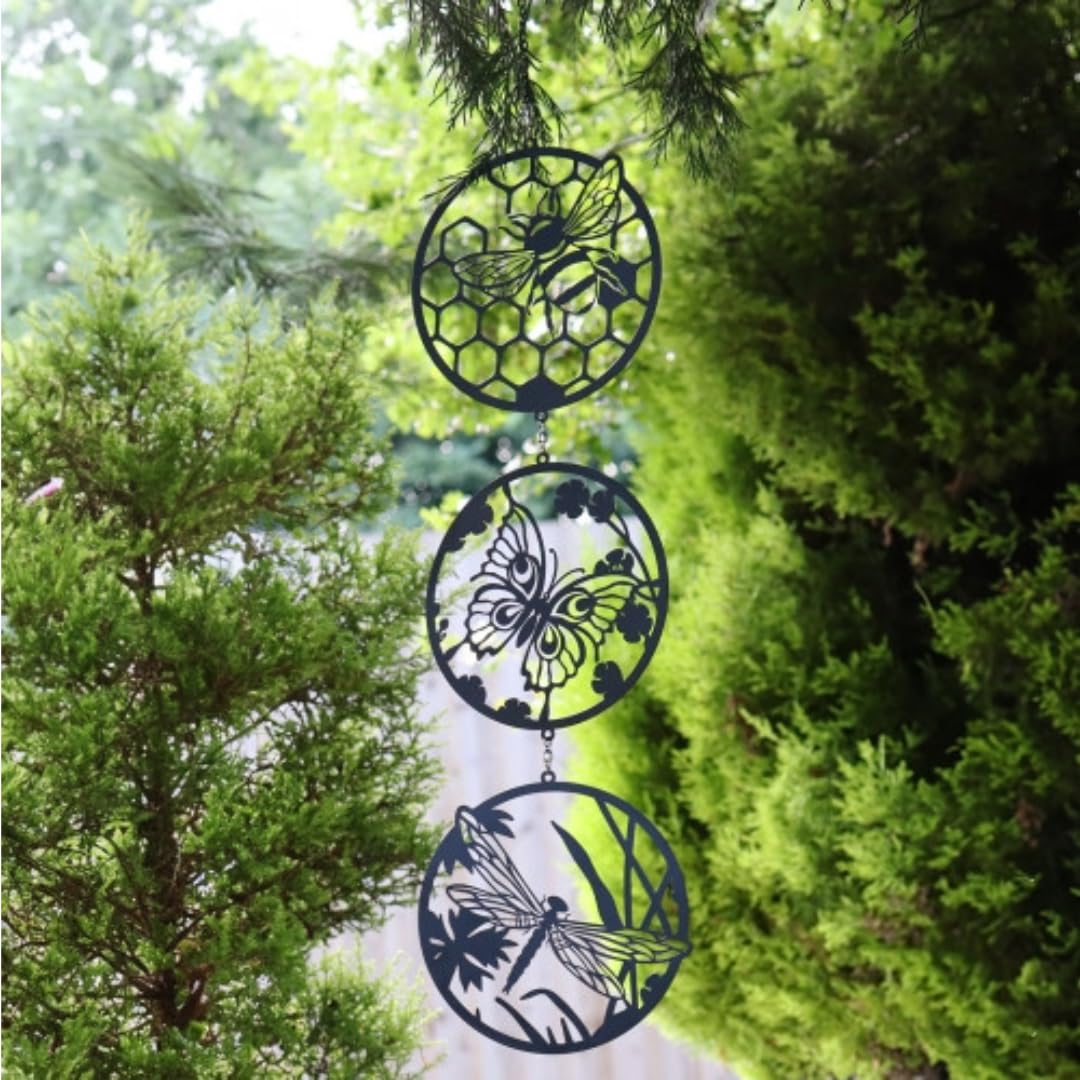 Hanging Silhouette Bee Butterfly Dragonfly Trio Spinner, Metal Black 3 Wind Tree Hanger, Magical Garden Ornament, Magic Gift Mum Birthday, 60cm x 15cm