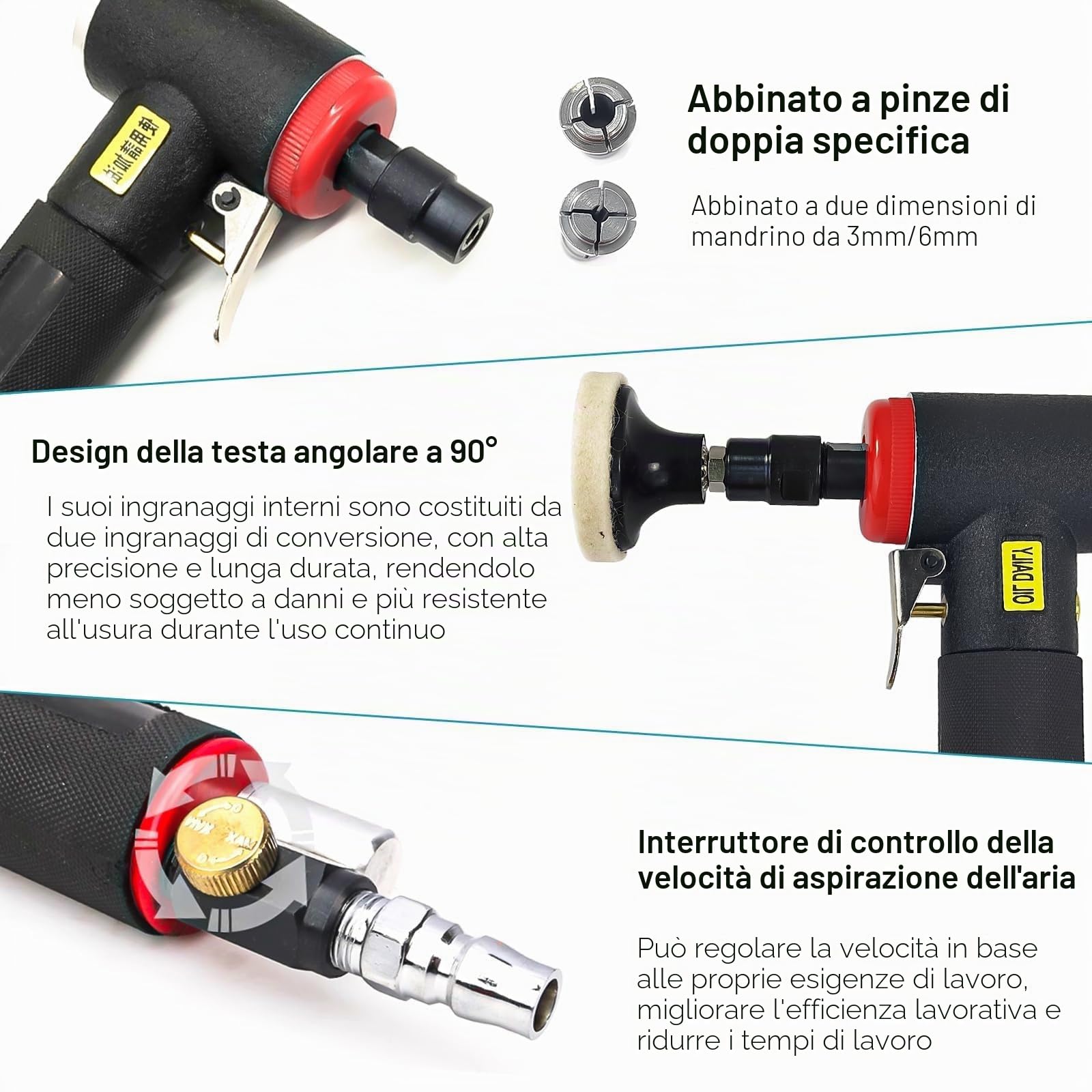 Mini Lucidatrice Auto, Mini Smerigliatrice Angolare Pneumatica con Mandrino a Pinza da 6 mm e 3 mm, Include Carteggiatrice e Mini Levigatrice con Set di 20 Dischi da 2 Pollici a Cambio Rapido