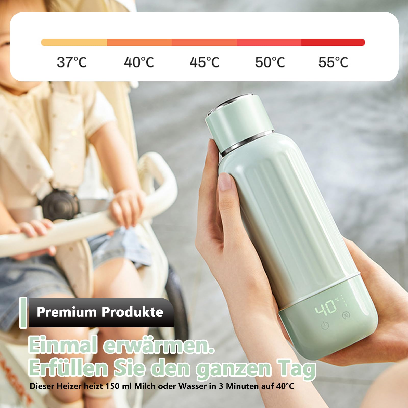 Tragbarer Flaschenwärmer Baby Unterwegs, Akku Thermoskanne 500ml, 37-55 °C Einstellbar, Mobiler Milchwärmer mit USB-C, 50W Schnelles Aufheizen für Auto, Reise, Muttermilch und Wasser