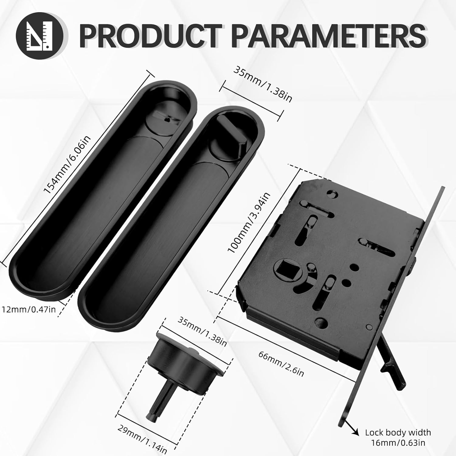 Hoconnie Pocket Door Handle Lock with Edge Pull, Privacy Sliding Door Lock, Recessed Sliding Door Hardware for 1 1/2‘’- 1015/16‘’ Thickness Door (Matte Black)