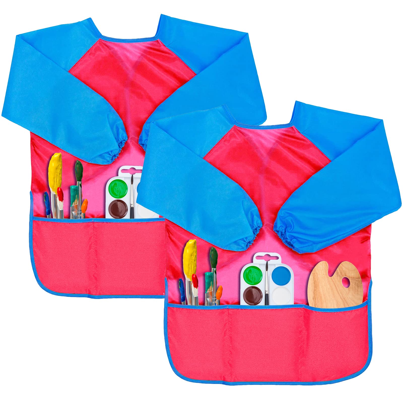 Gwolf Kids Painting Apron 2 Pcs Kids Aprons for Painting, 7-10 years Toddler Painting Apron Waterproof with Sleeves and 3 Pockets, Art Apron for School Art Painting, Cooking, Pink Children's Aprons
