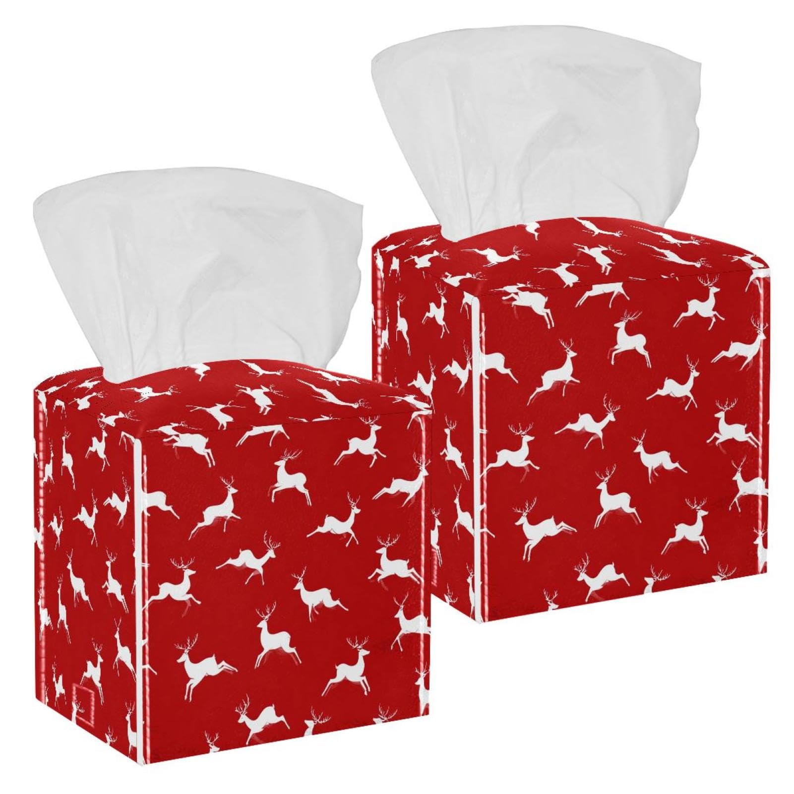 Christmas Deer Tissue Box Cover, 2 Pack PU Leather Square Facial Tissue Dispenser Box holder for Home Office Car