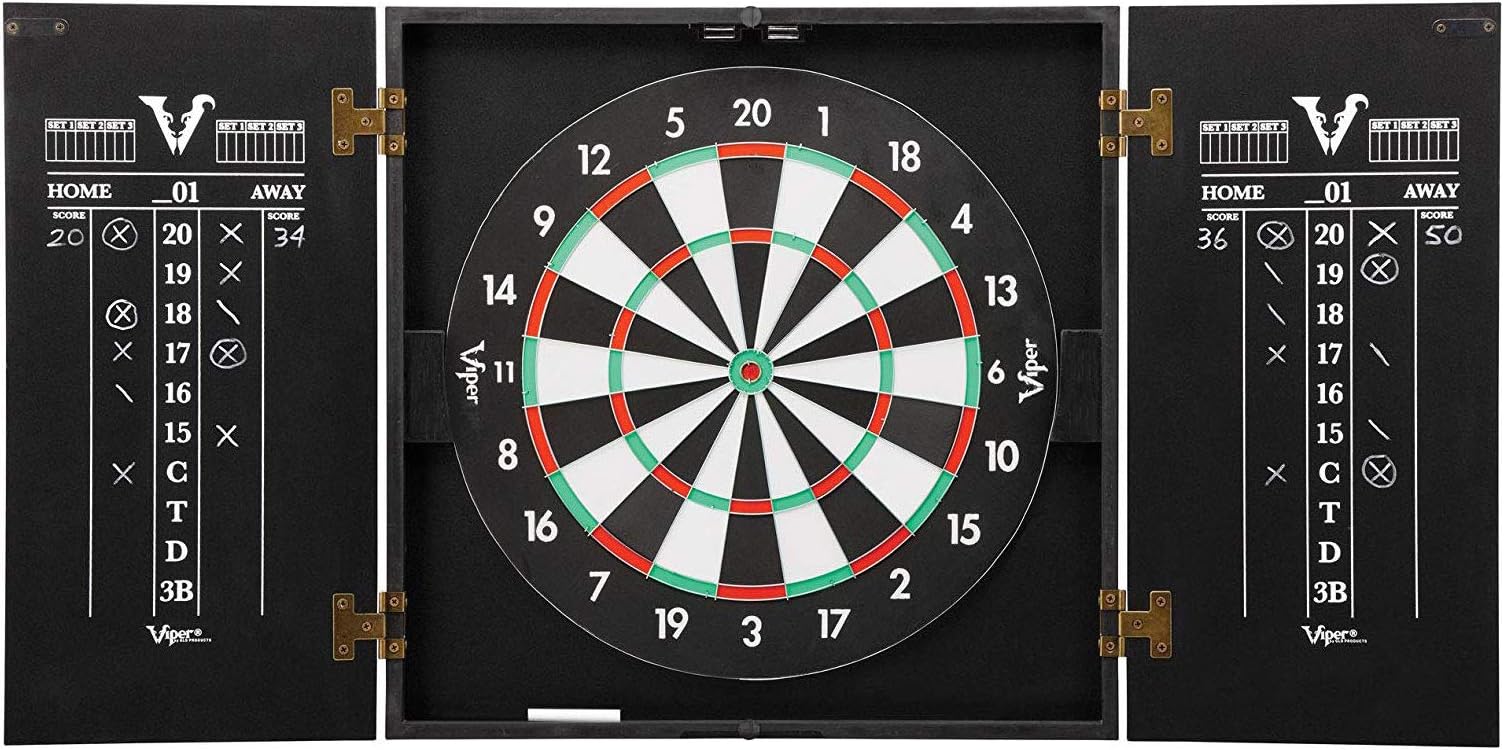 Viper Hideaway Cabinet & Steel-Tip Dartboard Ready-to-Play Bundle, Reversible Standard and Baseball Game Options with Two Sets of Steel-Tip Darts and Chalk Scoreboards, Black Matte Finish