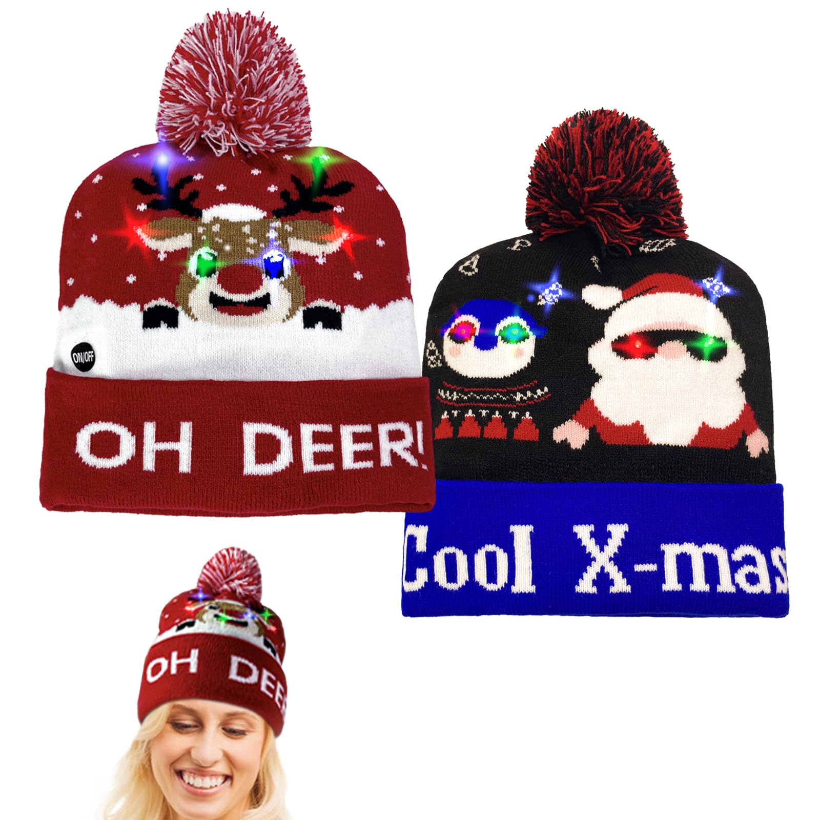 2 Pcs LED Light Up Christmas Hat, Xmas Santa Hat with Light, Unisex Knitted Funny Novelty Hats for Adult Christmas Party