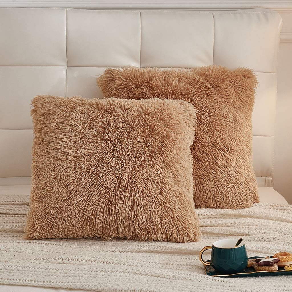 LIFEREVO 2 Pack Fluffy Faux Fur Pillow Shams,18 x 18 Inches