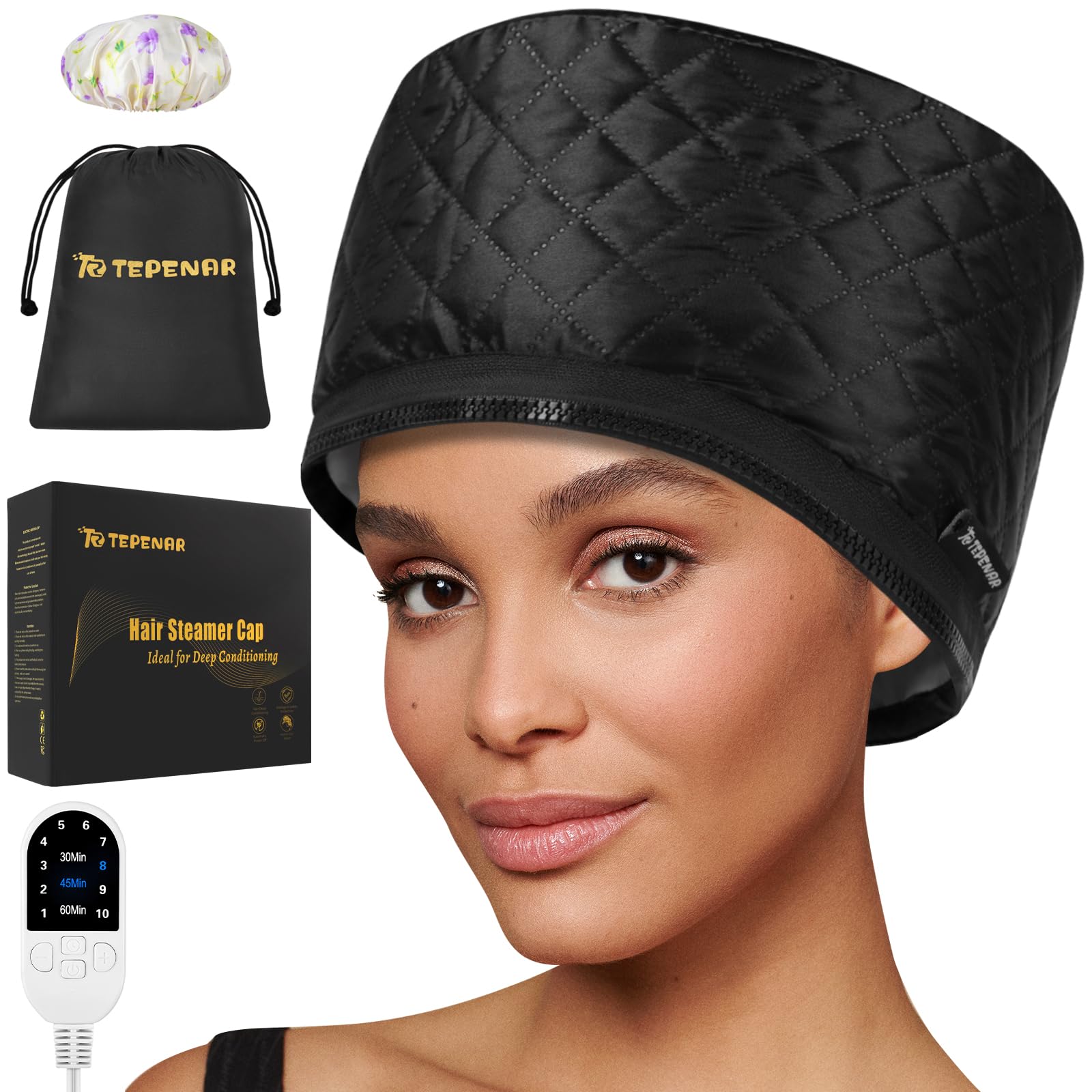 Vaporizador de cabello para acondicionamiento profundo: tapa térmica mejorada con calentamiento rápido de 10 niveles, 3 ajustes de tiempo para cabello natural, tapa de vapor térmica portátil