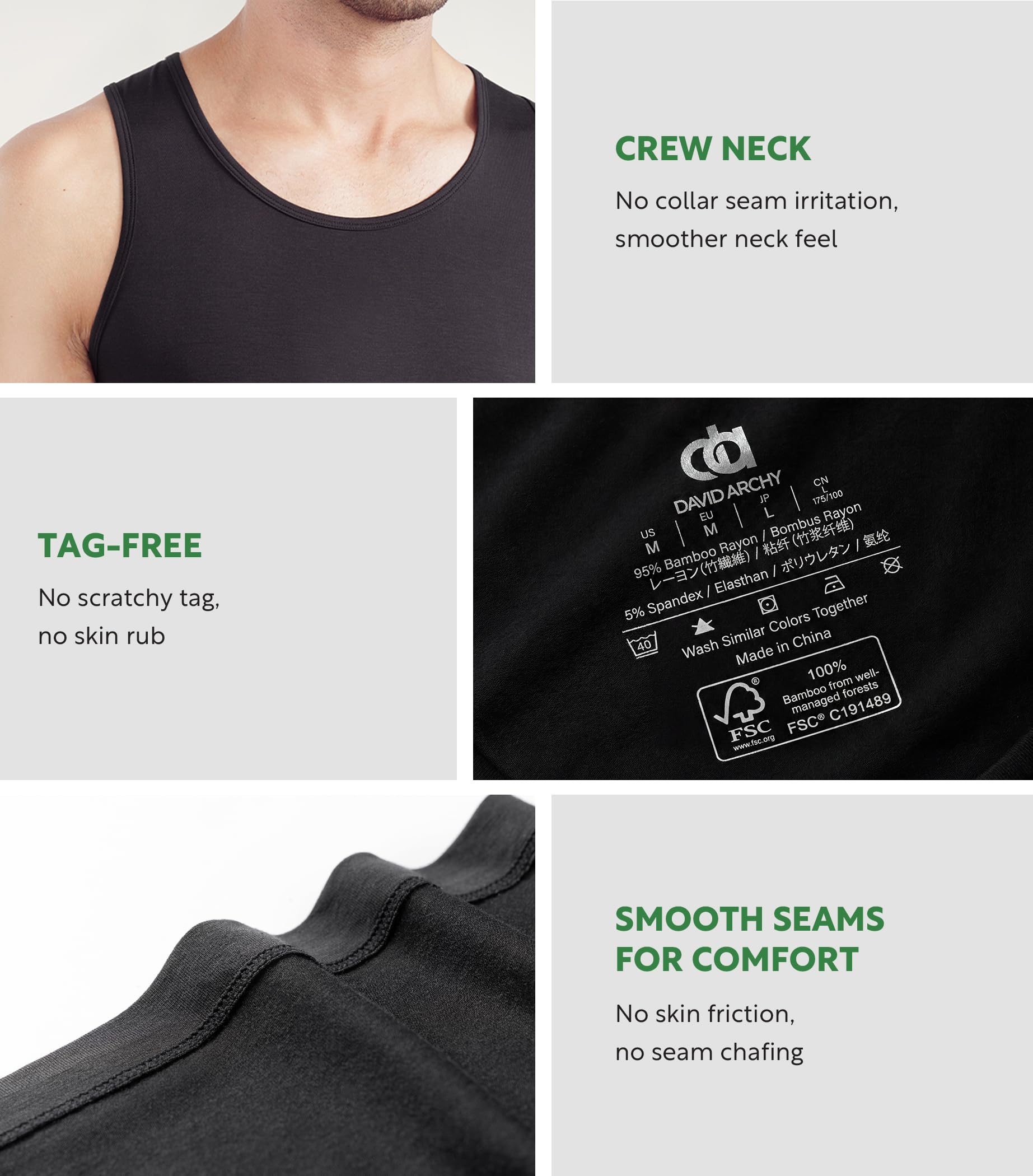 DA Men's 3 Pack Bamboo Fiber V-Neck Tank Tops(M,Black/Charcoal/Gray)