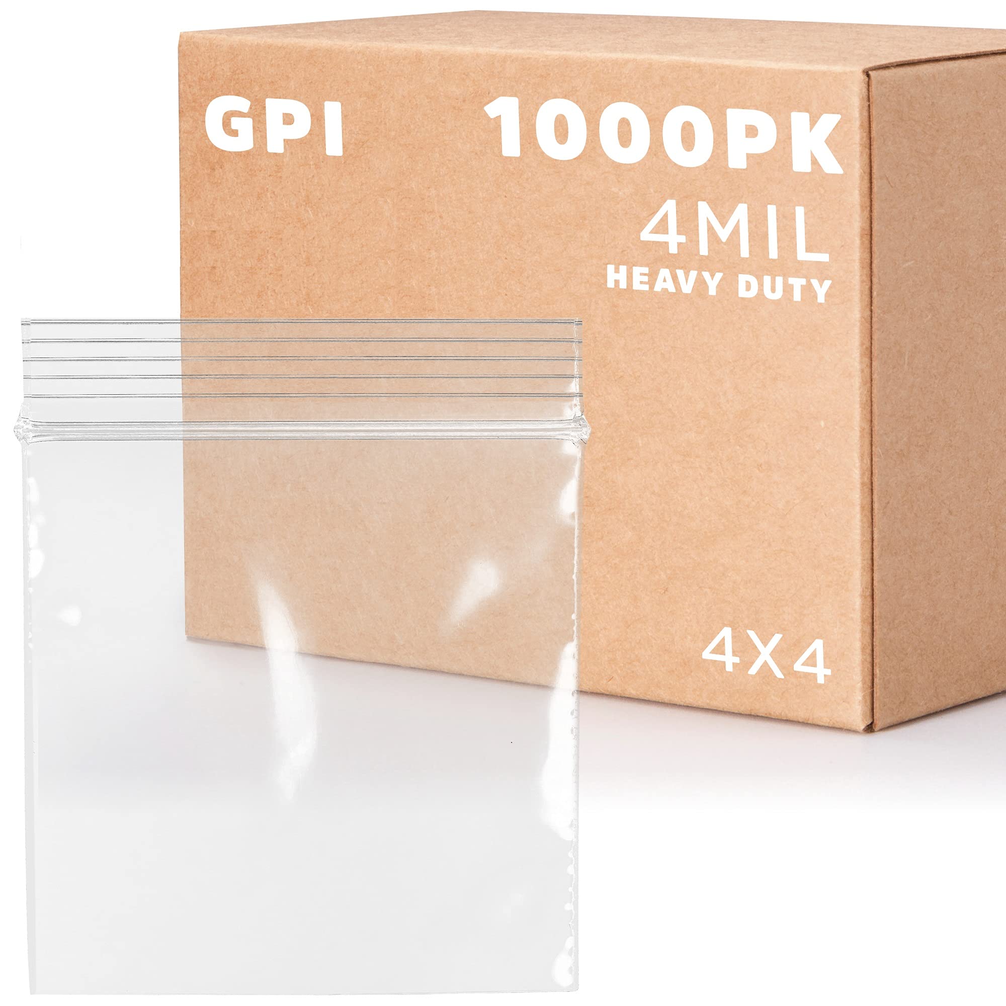 GPI - Case of 1000, 4" X 4" Clear Plastic Reclosable Zip bags - Heavy Duty, Bulk 4 Mil Thick Strong & Durable Poly Baggies with Resealable Zip Top Lock for Travel, Storage, Packaging & Shipping