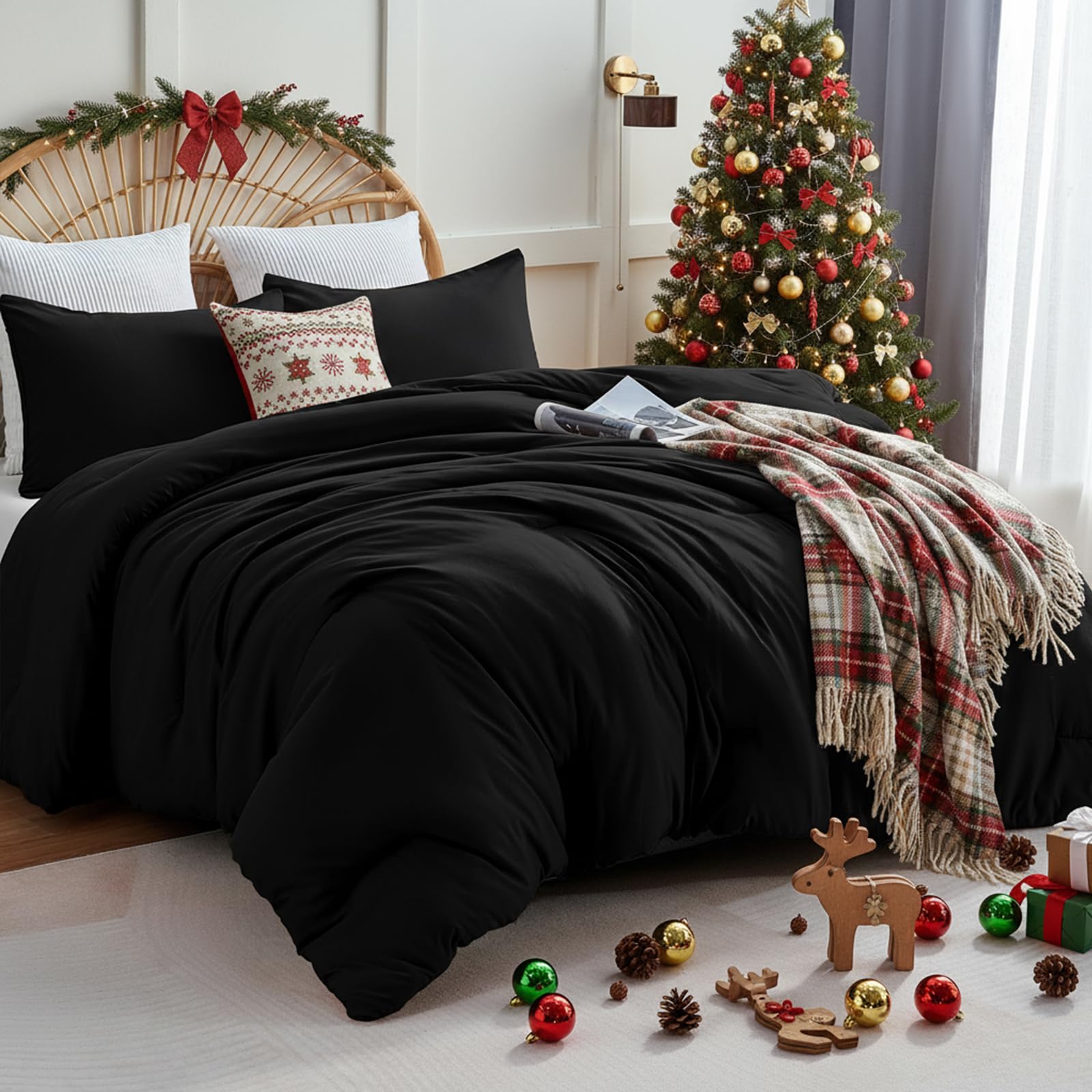 CozyLux Queen Comforter Set Black, 3 Pieces Solid Queen Comforter Breathable Quilted Style Bedding Sets, Luxury Soft Microfiber Down Alternative Comforter for All Season (1 Comforter & 2 Pillowcases)