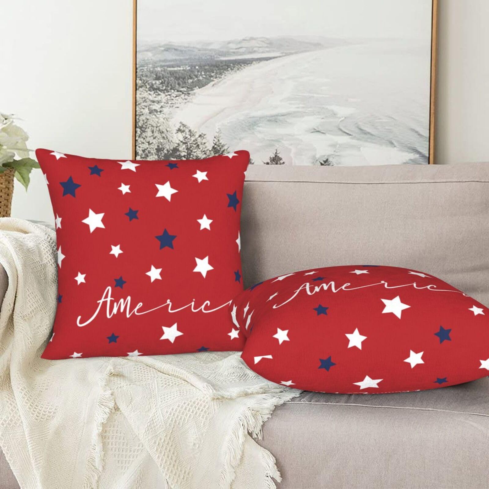 4th of July Pillow Covers 20x20 Set of 2, Memorial Day Patriotic Throw Pillows Holiday American Flag Rustic Blue Red Stars Decorative Pillowcase Cushion Cover for Independence Day Home Outdoor Decor 3