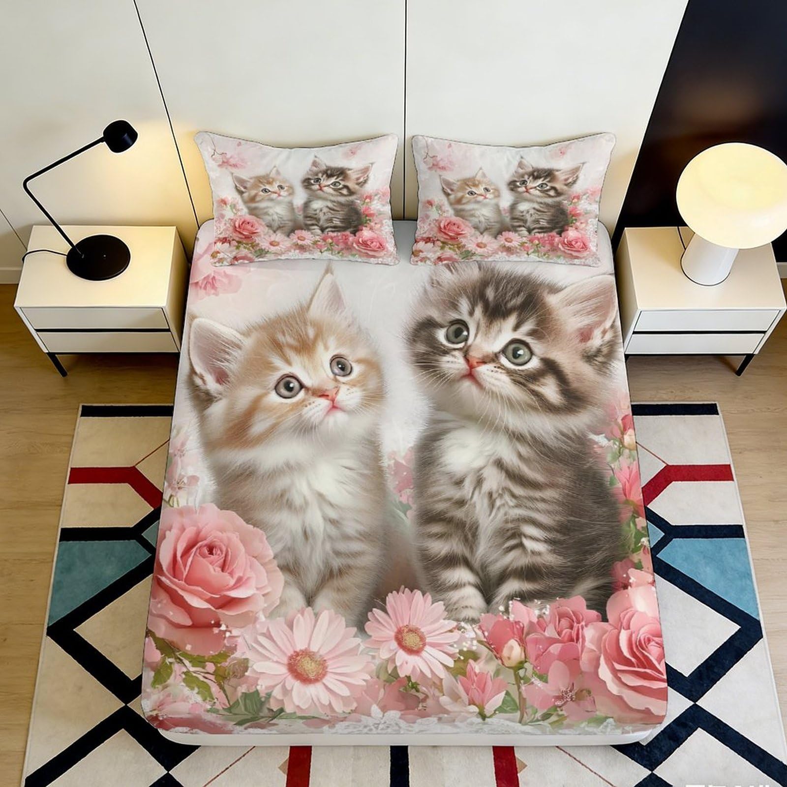 3D Printed Cat Floral Fitted Sheet Microfiber Elastic Hem Bedroom Bedding Cat Mattress Fitted Cover Deep Pocket Washable 180x200x25cm