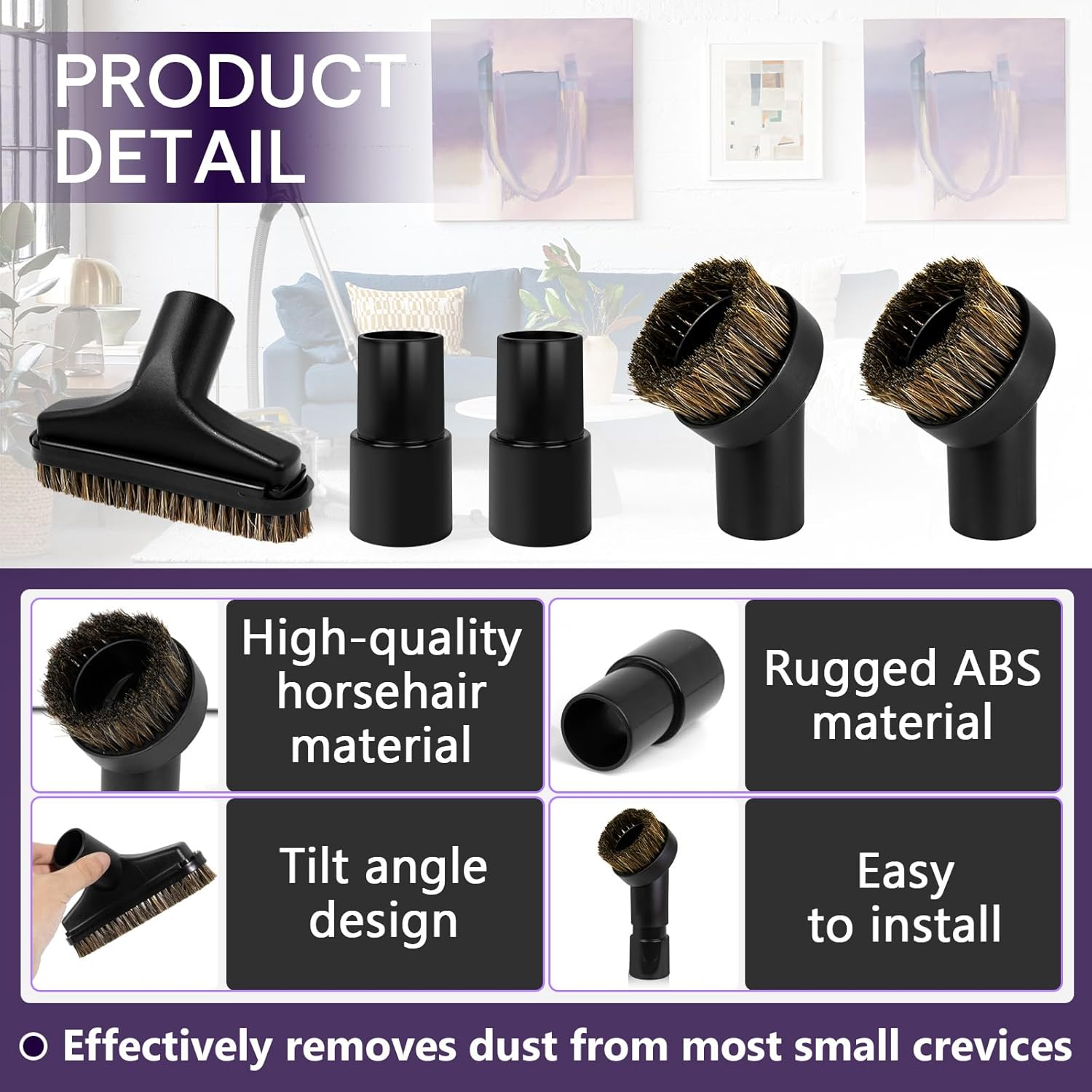 5PCS Horse Hair Brush Vacuum Attachment Set - Black Round Vacuum Attachments & Brushes - 5.9 In Long Floor Brush & Shop Vac Brush Attachment - 1 1/4" Vacuum Cleaner Adapter Included