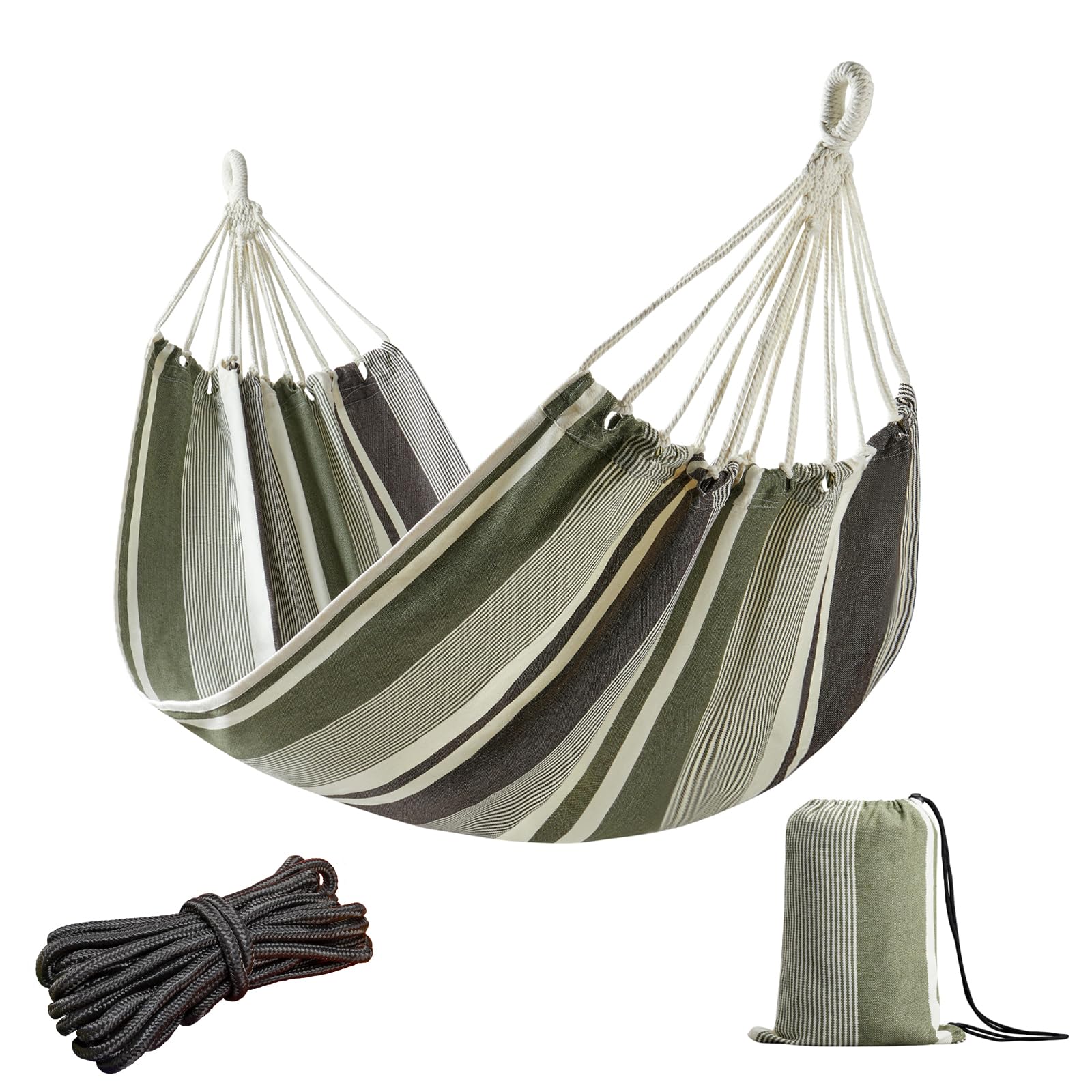 JoyView Brazilian Hammock for Single Person Portable Hammock with Hanging Ropes &amp; Carry Bag Large 78.8x39.4” for Patio 300LBS Capacity Perfect for Outdoor/Indoor - Green Grey Stripes