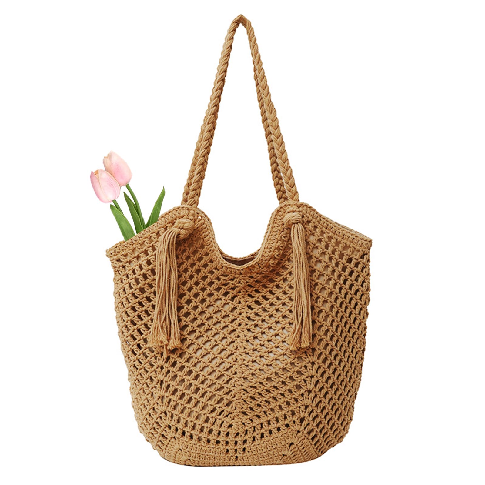 Peicees Crochet Beach Tote Bag For Women 2025 Bohemian Shoulder Bag Purse With Leak-Proof Lining for Summer Vacation Travel
