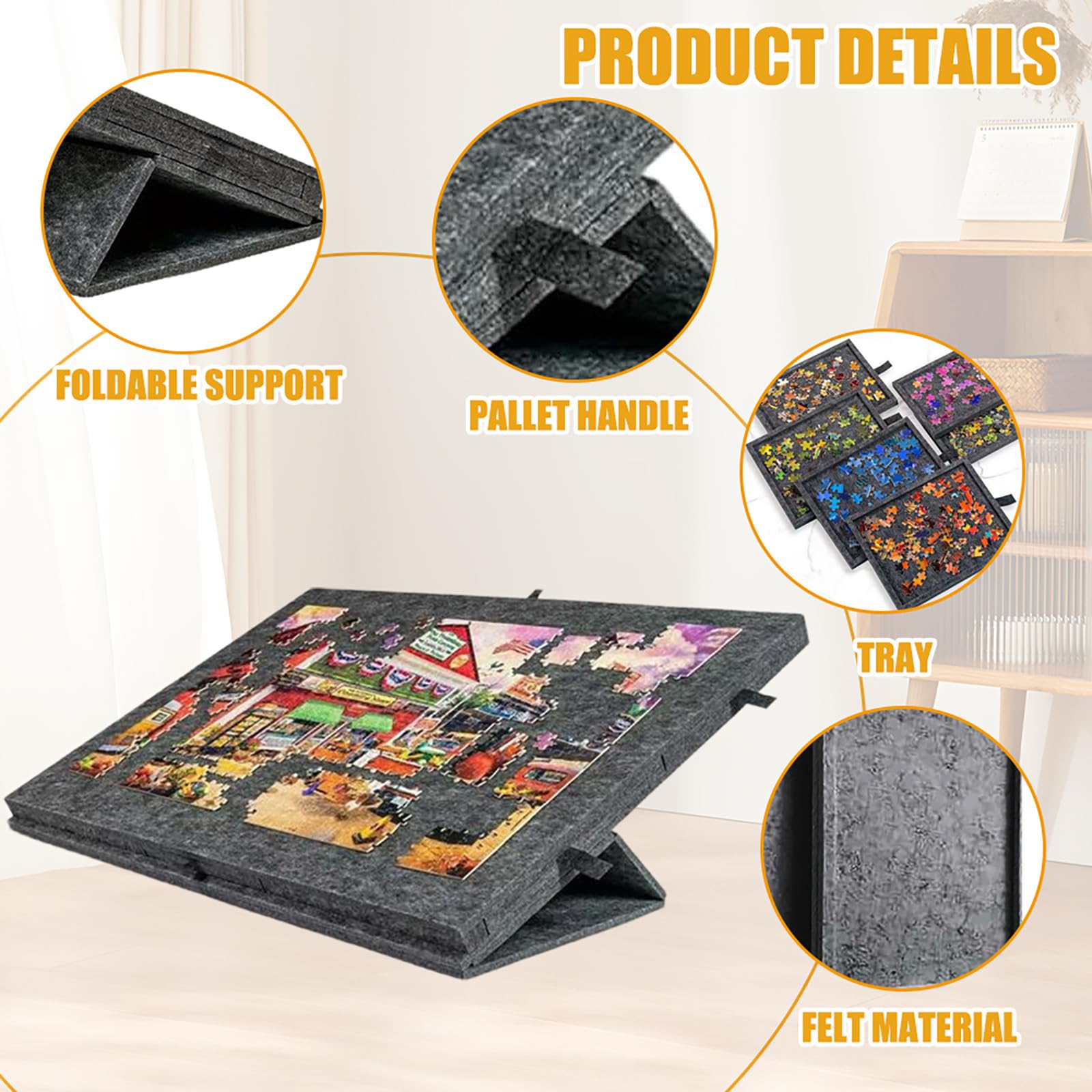 Tavolo per Puzzle 1000 Pezzi, Tavolo Puzzle Inclinabile Leggera in Feltro con 6 Cassetti, Tavola Puzzles Portatile con Supporto 2 in 1, 52 x 77 cm, Nero