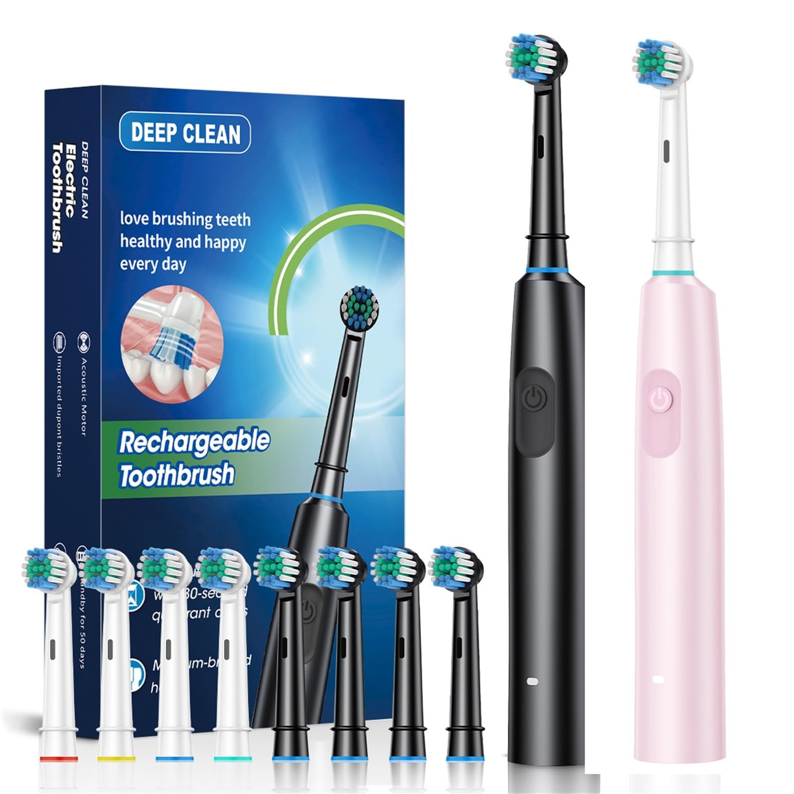 2 cepillos de dientes giratorios recargables, temporizador para adultos, cargador USB de 6 modos con cabezales de repuesto (2002 negro rosa)
