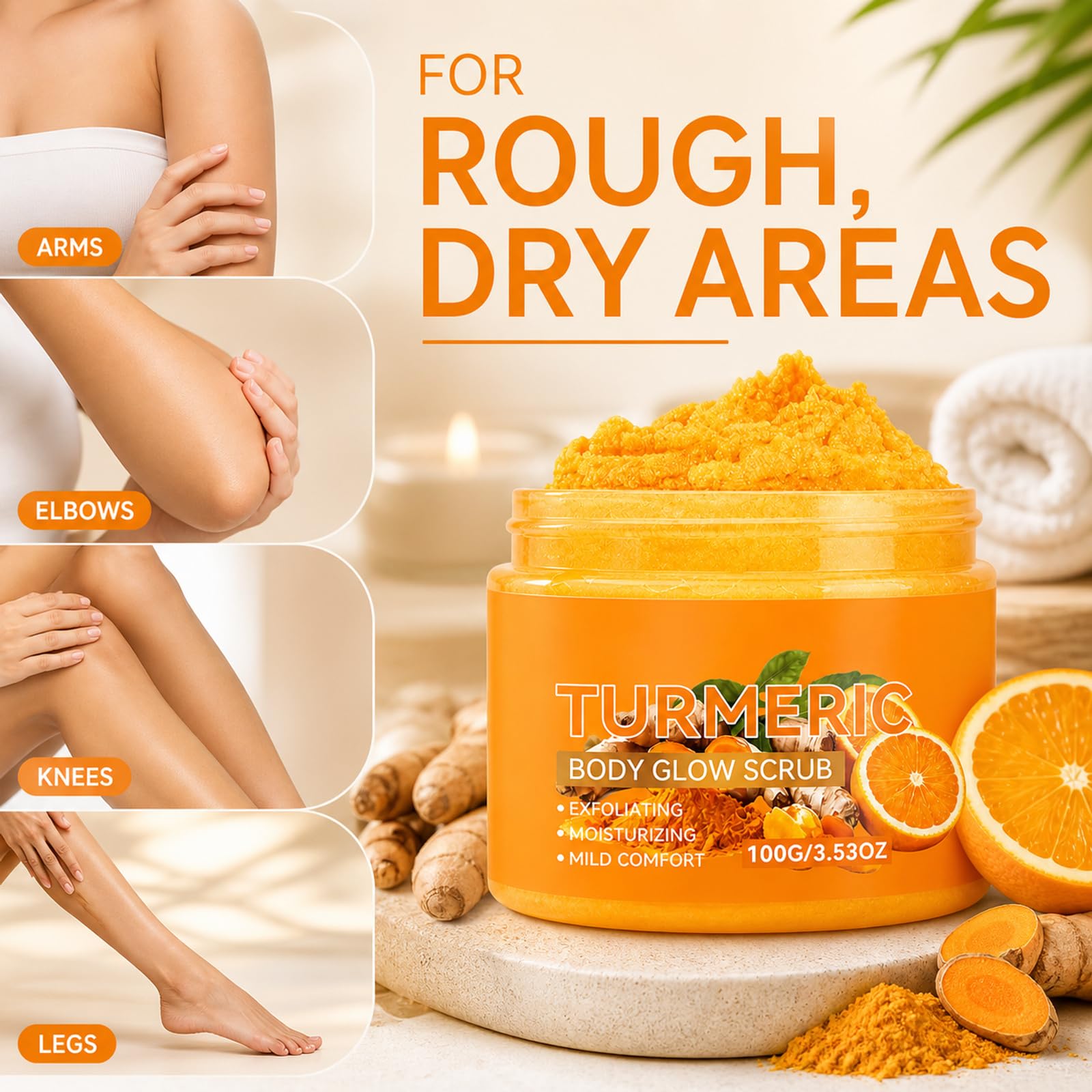 Gommage corporel au curcuma à l'orange douce, gommage exfoliant nettoyant en profondeur pour la peau, vernis à rincer non gras, exfoliant pour la peau pour le corps, routine de soins frais (9PCS)
