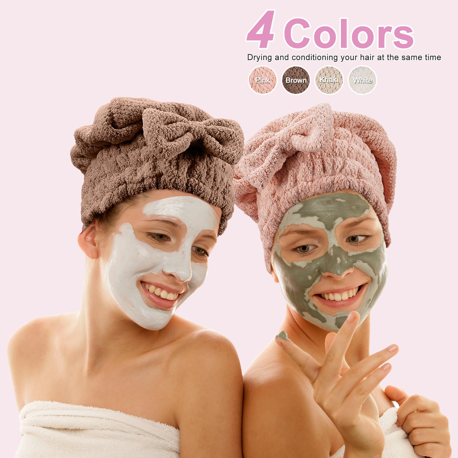 Microfiber Hair Towel Warp for Women, Fast Drying Caps Head Wrap with Bow-Knot Absorbent Hair Turban Soft Bath Cap Cute Shower Cap (White)