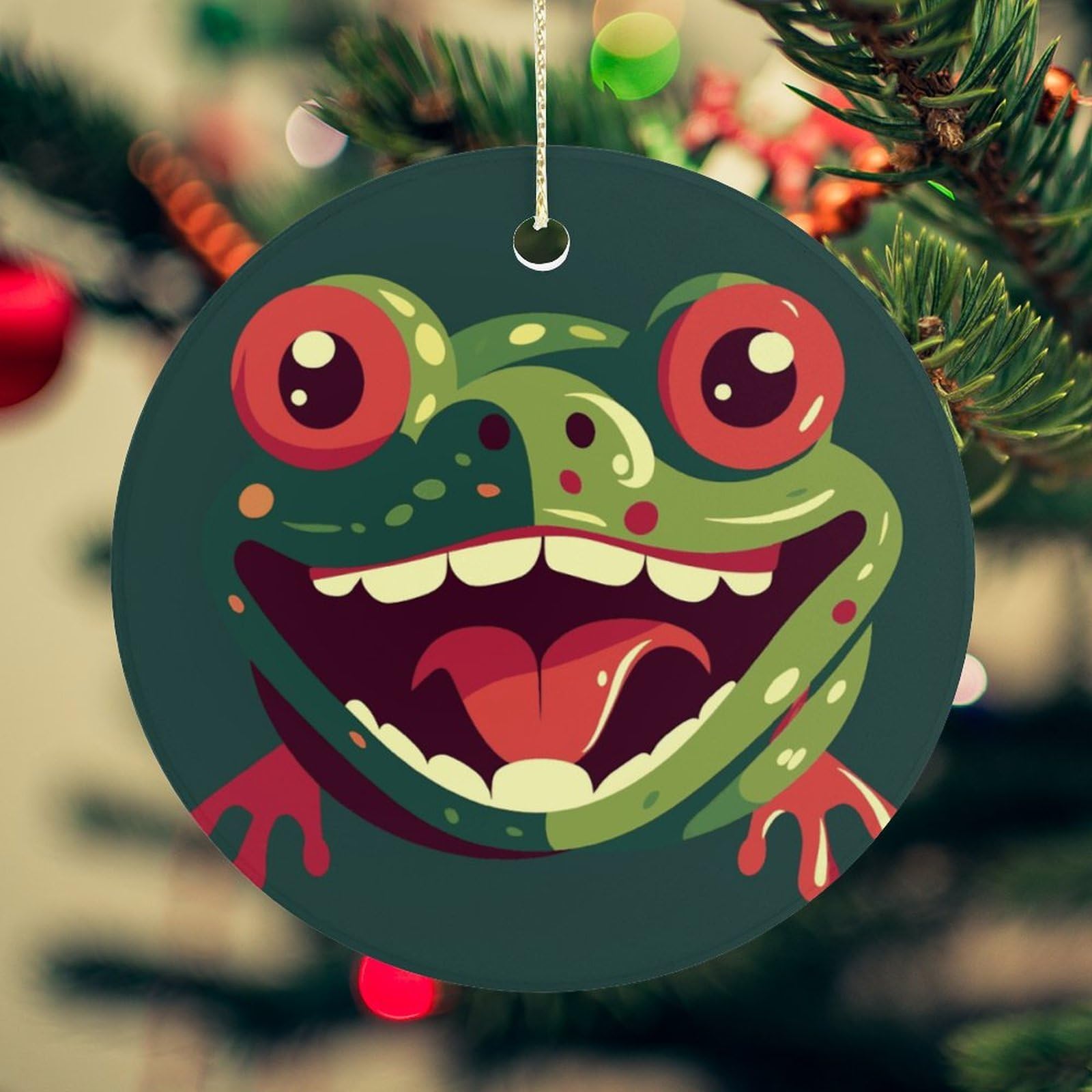 Frog with Mouth Open Christmas Ornament for Christmas Tree Ceramic Round Ornament Winter Holiday Keepsake Gift 2.7" Christmas Tree Hanging Decorations Circle Ceramic Pendant Xmas Gift
