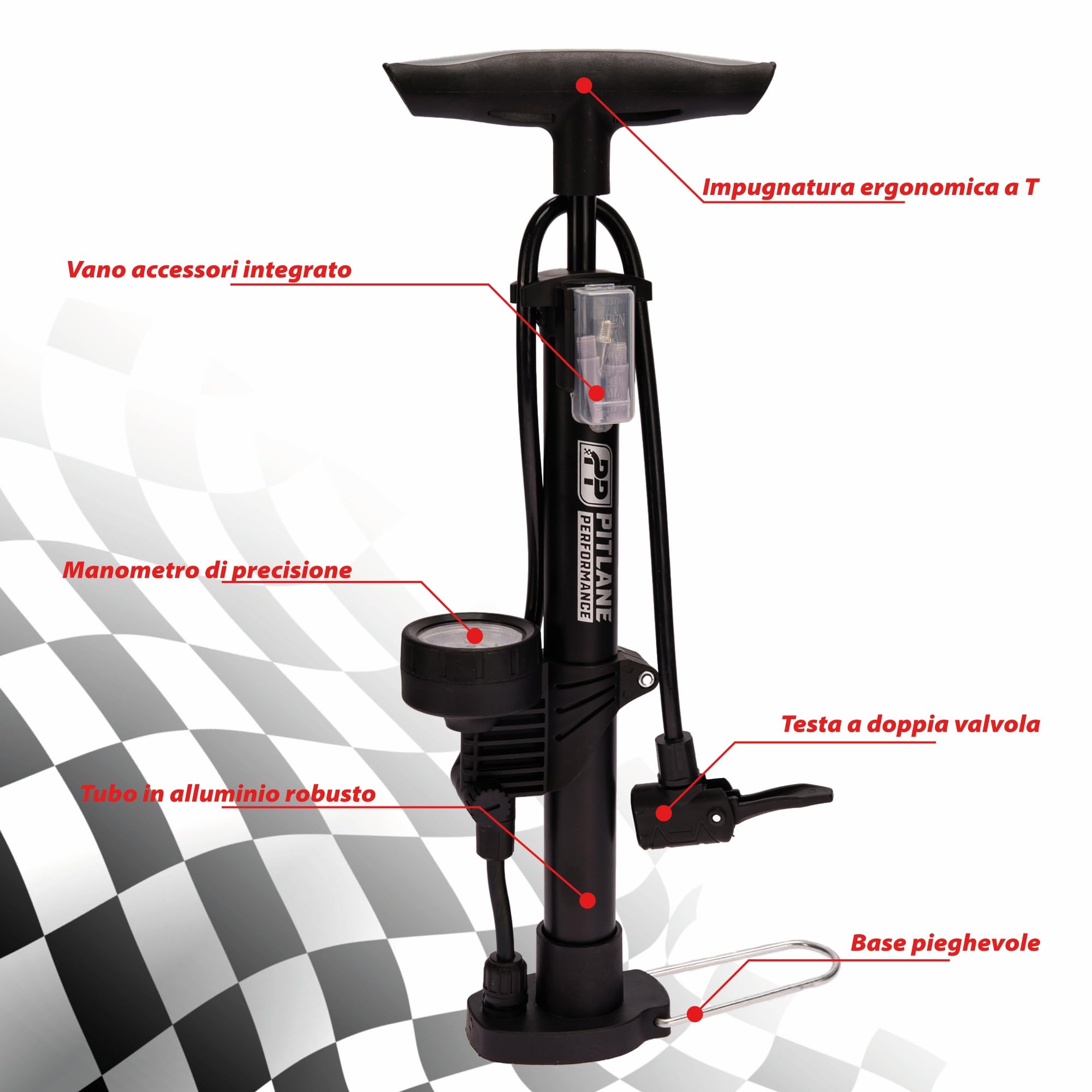 Pompa a pedale con manometro 42 cm 11 bar per valvole Schrader Presta Dunlop