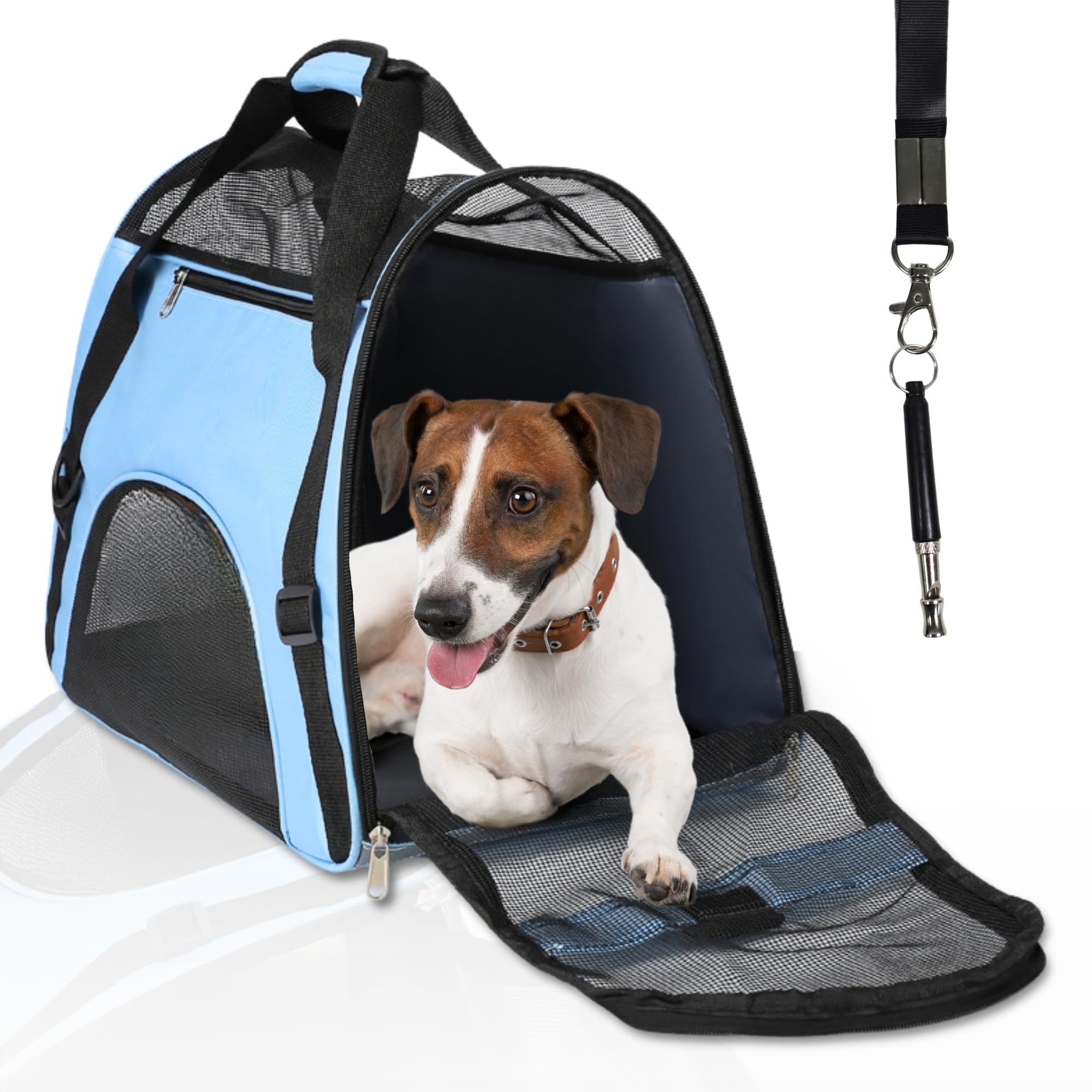 Krowsak Transportin Perro Pequeño y Transportin para Gatos - Mochila Plegable y Transpirable - Correa Hombro Ajustable - Medidas 43x30x20cm – Silbato Entrenamiento - Color Azul