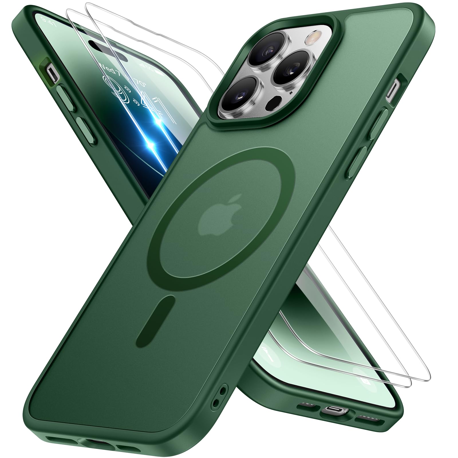 miracase Magnetic Series Designed for iPhone 14 Pro Max Case [Compatible with MagSafe] [with 2X Screen Protectors] Anti-Fingerprint, Magnetic Phone Case for iPhone 14 Pro Max 6.7 inch - Dark Green